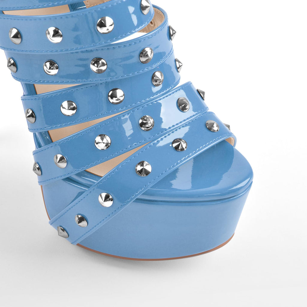 richealnini Rivets Belt Straps Heels for Women Studded Buckle Punk Sandals with Platform Blue Stiletto Heels Adjustable Buckle Strappy Heeled Sandals Peep Toe Stylish Dance Wedding Shoes Size 7