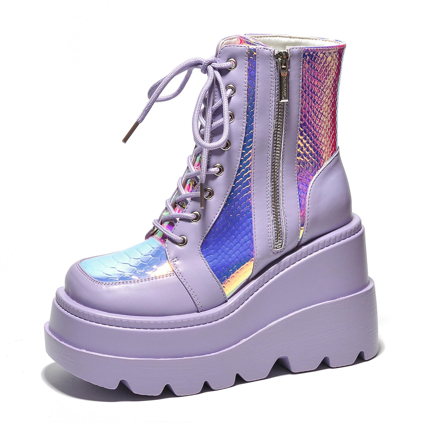 Cape Robbin Holographic Platform Ankle Boots for Women Chunky Block Heels Pointed Toe PU Leather with Buckle Strap Retro Futuristic Style (Radio) - Lilac Size 10