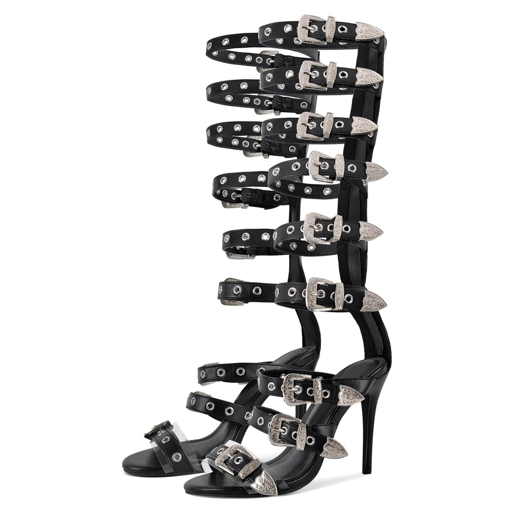 richealnini Sexy Heels for Women Knee High Gladiator Sandals Buckle Studded Rings Black Gladiator Heels for Women Dressy Sparkle Open Toe Kitten Heeled Sandals Silver Belt Straps Punk