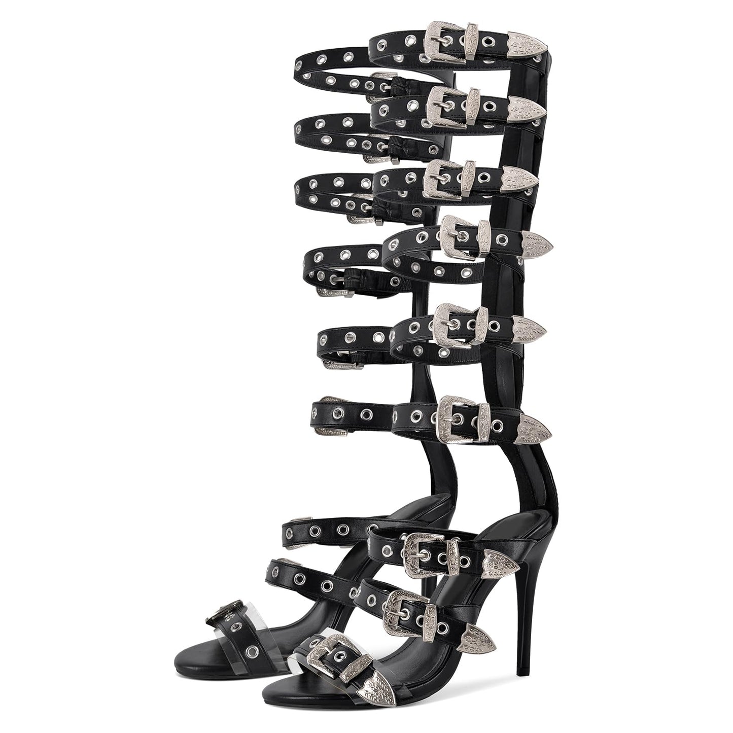richealnini Sexy Heels for Women Knee High Gladiator Sandals Buckle Studded Rings Black Gladiator Heels for Women Dressy Sparkle Open Toe Kitten Heeled Sandals Silver Belt Straps Punk