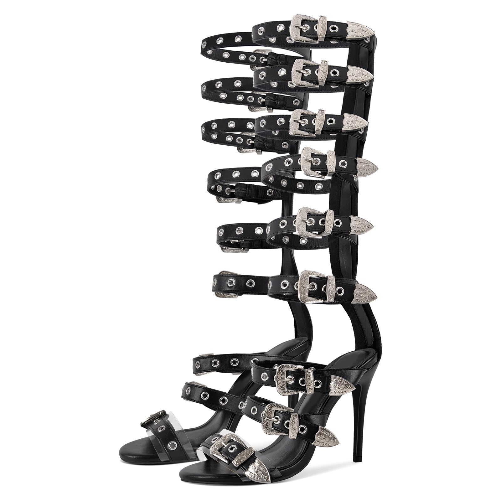 richealnini Sexy Heels for Women Knee High Gladiator Sandals Buckle Studded Rings Black Gladiator Heels for Women Dressy Sparkle Open Toe Kitten Heeled Sandals Silver Belt Straps Punk