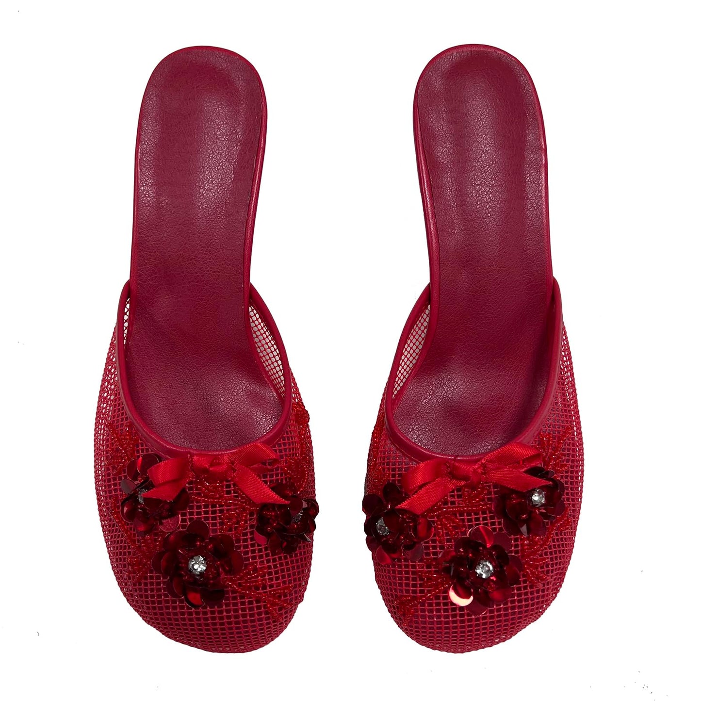 Tracieshoes Women's Mesh Mule Slip On Sandals With Floral Sequin Embellishments Round Toe Middle 2.5 Inch Heel Slides Slippers Red