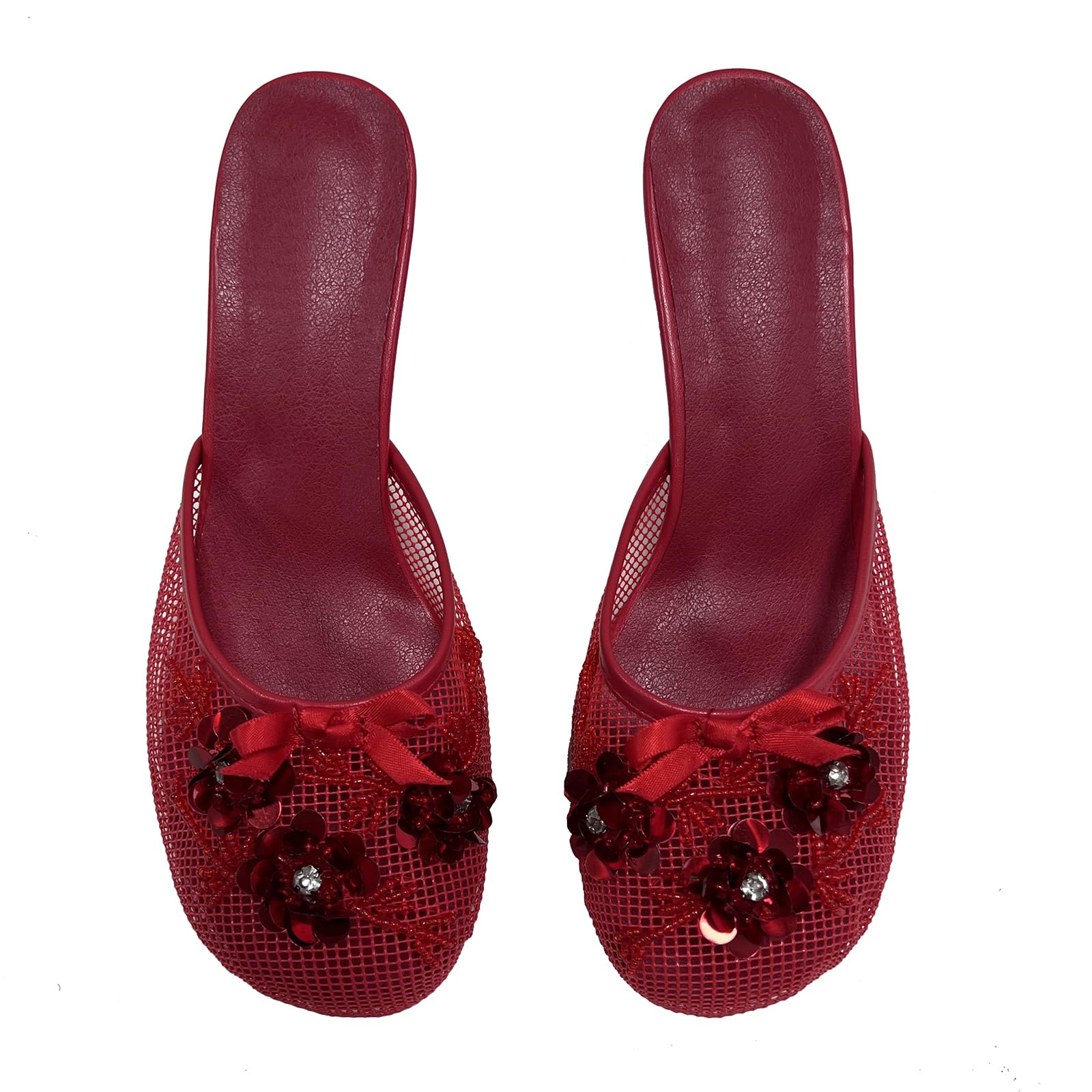 Tracieshoes Women's Mesh Mule Slip On Sandals With Floral Sequin Embellishments Round Toe Middle 2.5 Inch Heel Slides Slippers Red