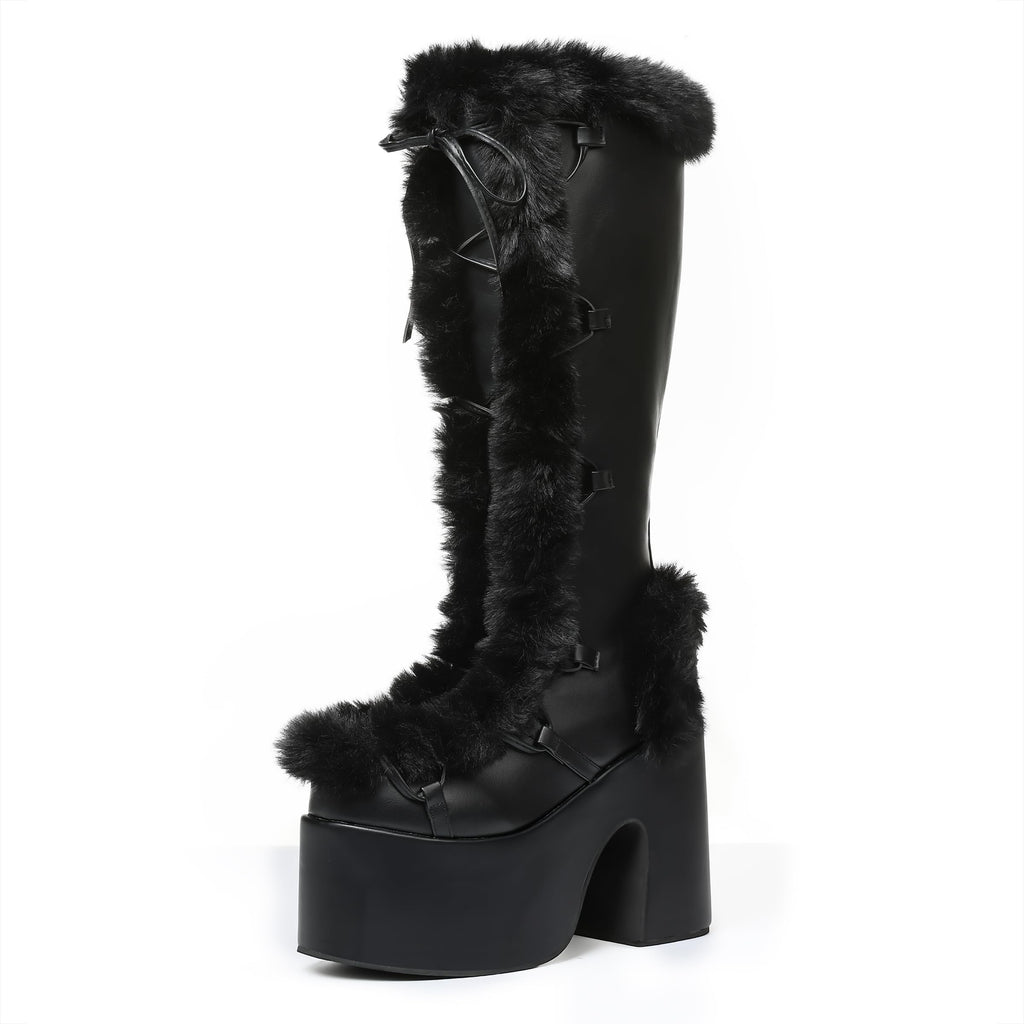 Accloris Black Platform Knee High Boots For Womens Warm Faux Fur Lace Up Side Zipper Chunky Heel Punk Goth Winter Snow Mid Calf Boots
