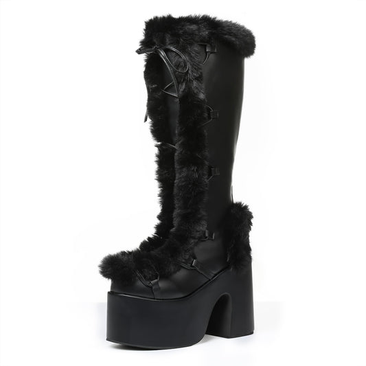 Accloris Black Platform Knee High Boots For Womens Warm Faux Fur Lace Up Side Zipper Chunky Heel Punk Goth Winter Snow Mid Calf Boots Size8.5