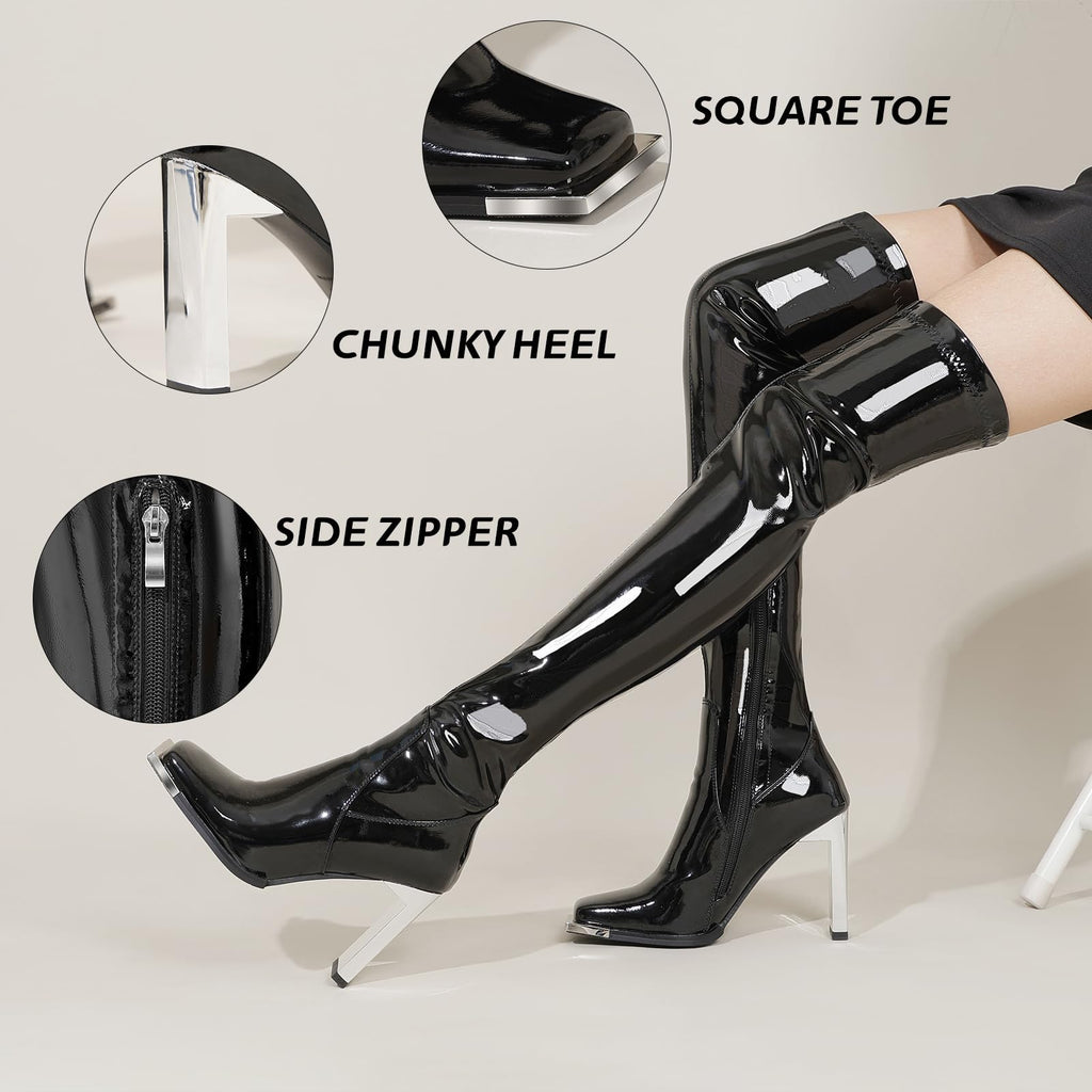 Wavyvigs Black Thigh High Boots for Women Patent Leather Stretch Sexy Square Toe Latex Over The Knee Boots Block Chunky High Heels Extra Slim Shiny Fashion Long Boots Party Prom US