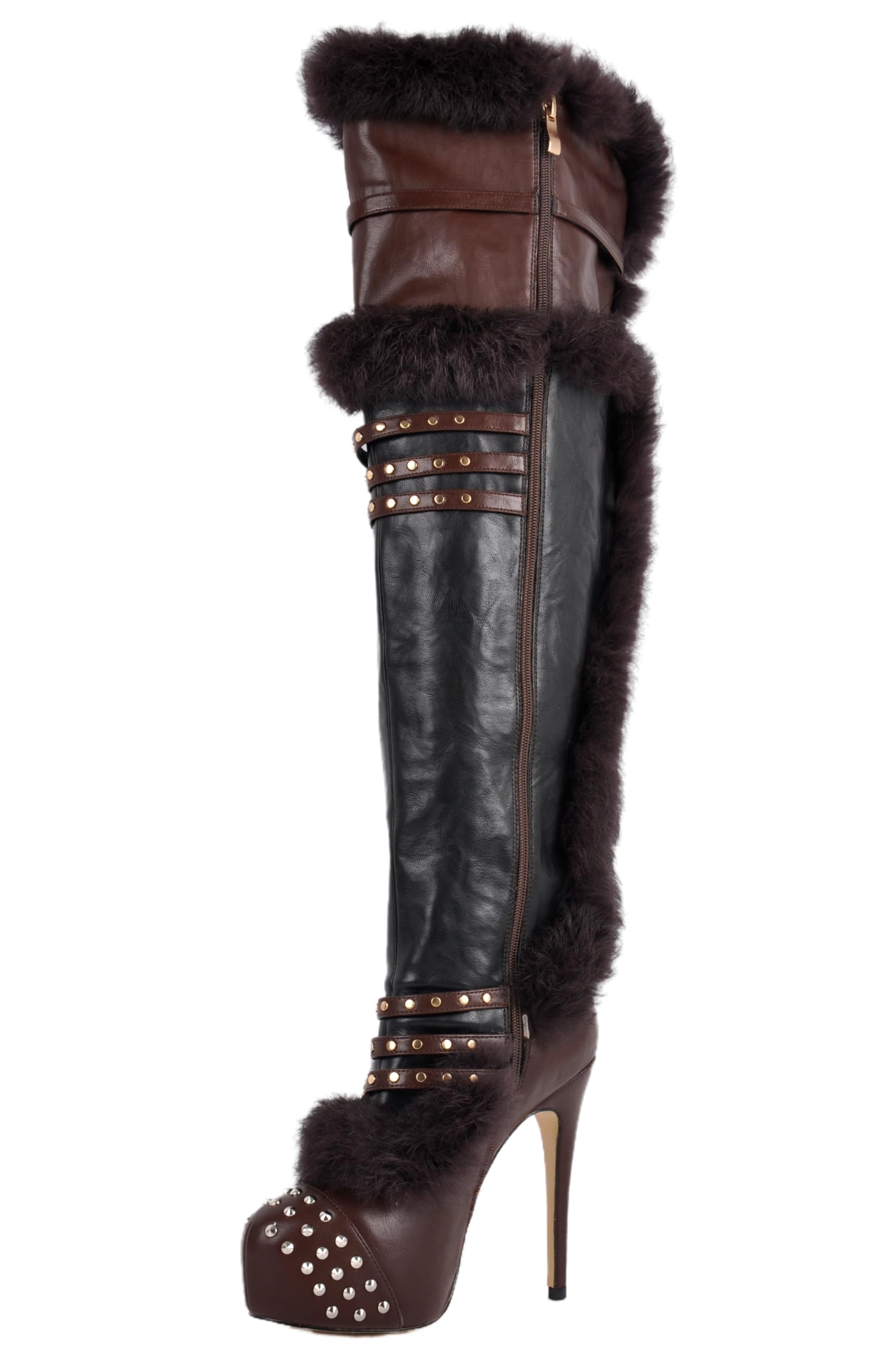 Rhineshell Women's Platform Thigh High Boots Round Closed Toe Studded Faux Fur High Heels Buckles Stilettos Side Zipper Long Boot Black Brown Size 15