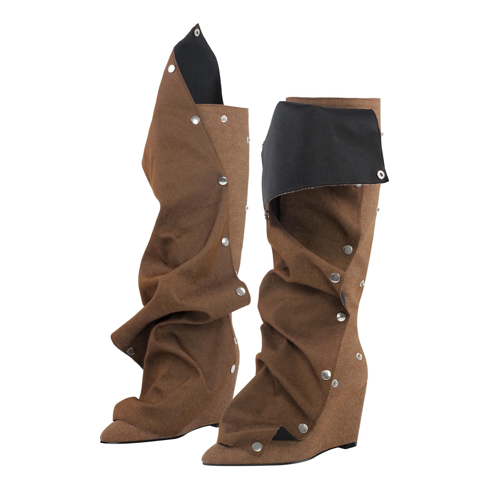 pinokino Wedge Heel Shark Boots for Women Knee High Foldover Ruched Scrunch Stiletto Heel Snap Buttons Pull on Slouchy Boots Denim Brown