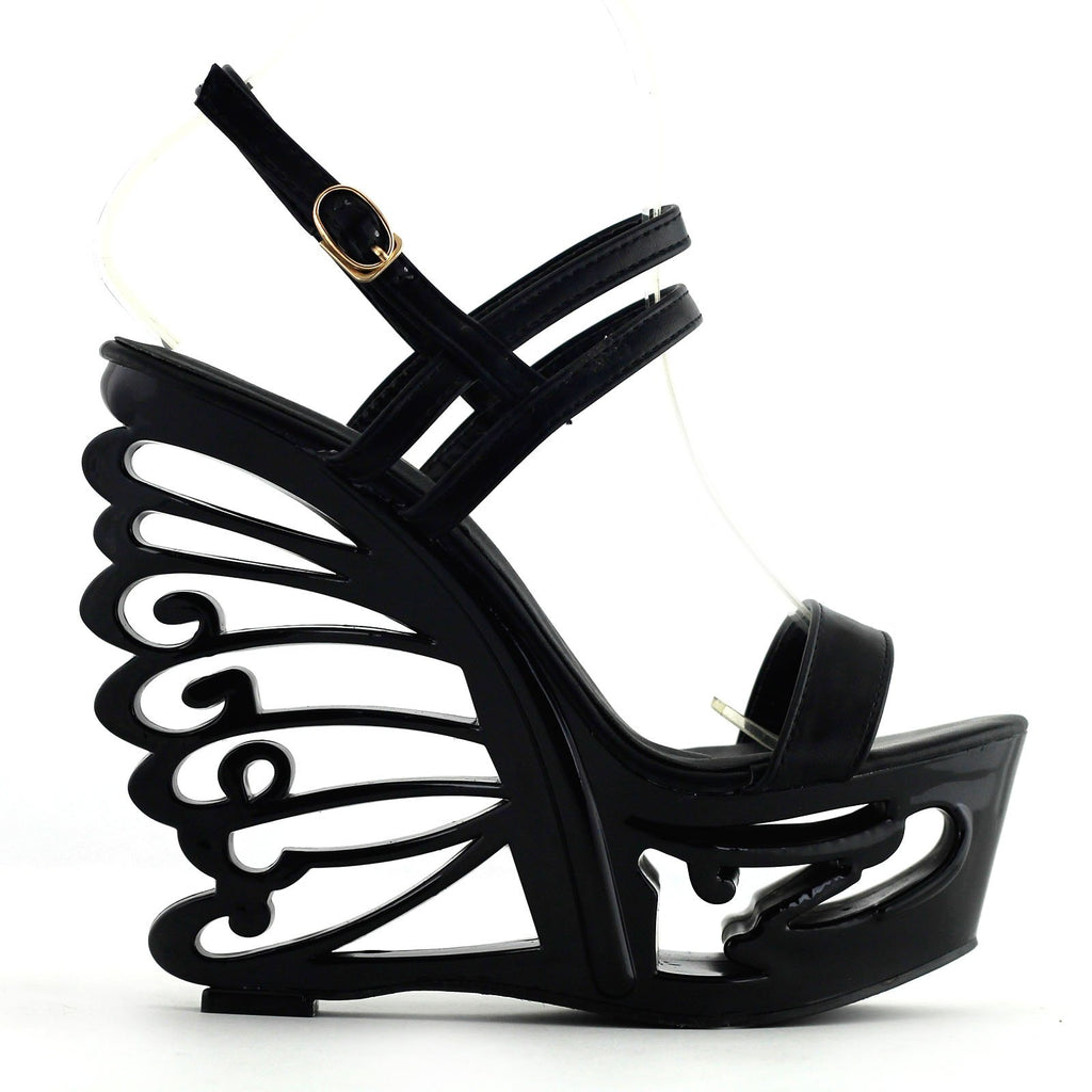 SHOW STORY Black Strappy Bride Wedding Wedge Butterfly Heel Sandals Shoes,LF51801BK35,3US,Black