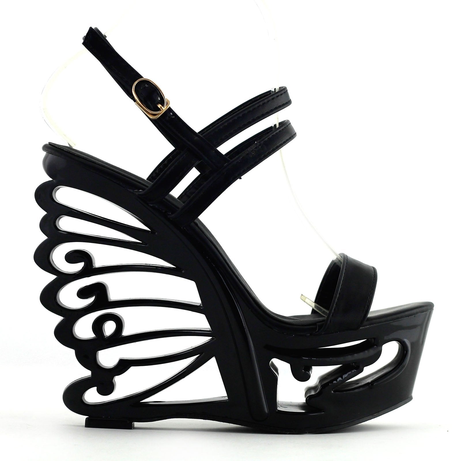 SHOW STORY Black Strappy Bride Wedding Wedge Butterfly Heel Sandals Shoes,LF51801BK35,3US,Black