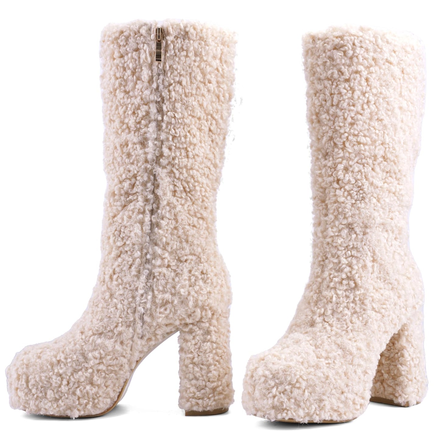 JilTrdWei Mid Calf Fluffy Furry Boots Warm Platform Chunky High Heel Pull On Boots Fashion Winter shoes-beige-6