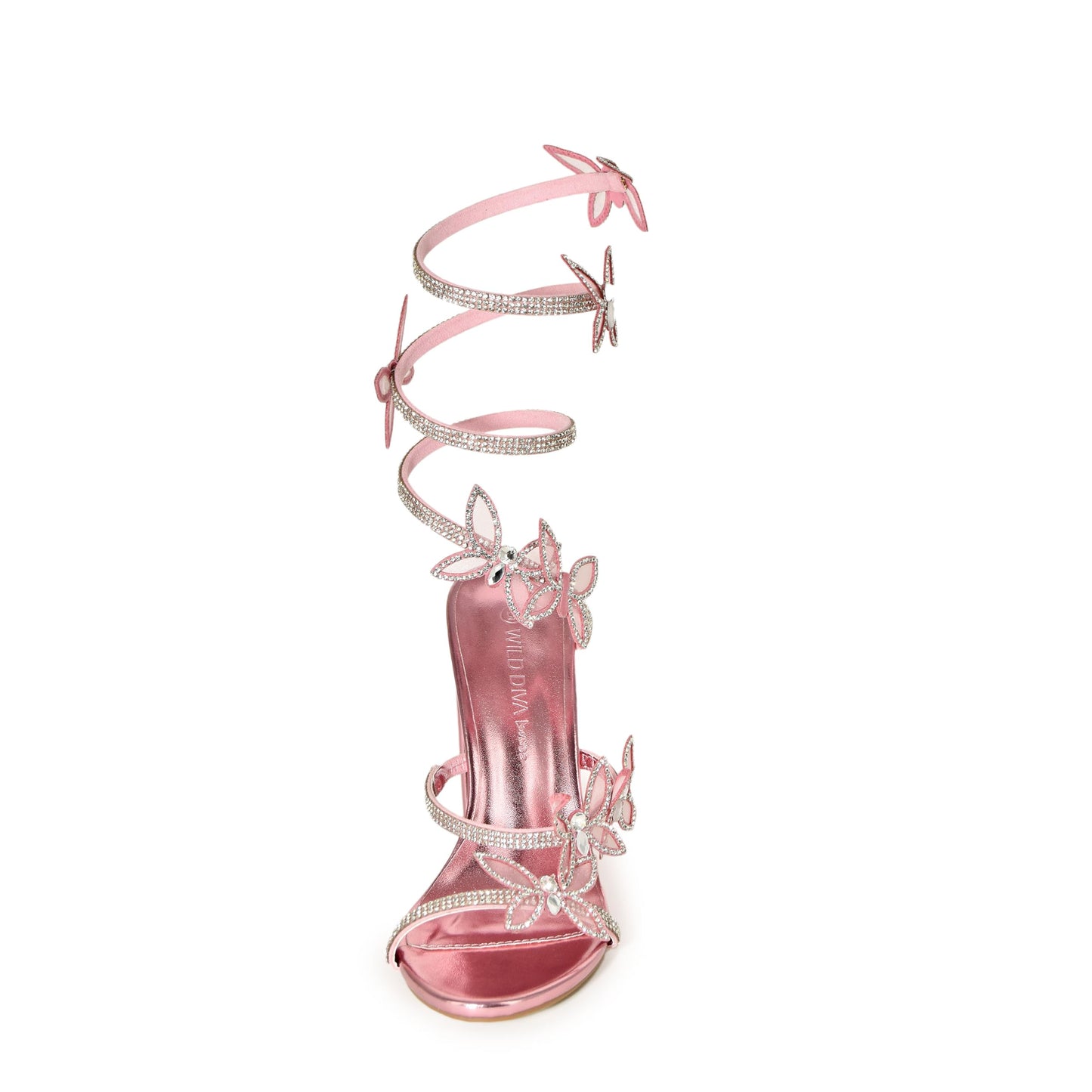 Wild Diva Women's Embellished Rhinestone Butterfly Spiral Coil Wrap Around Chunk Heel Morris-581 (Pink Metallic PU 9)