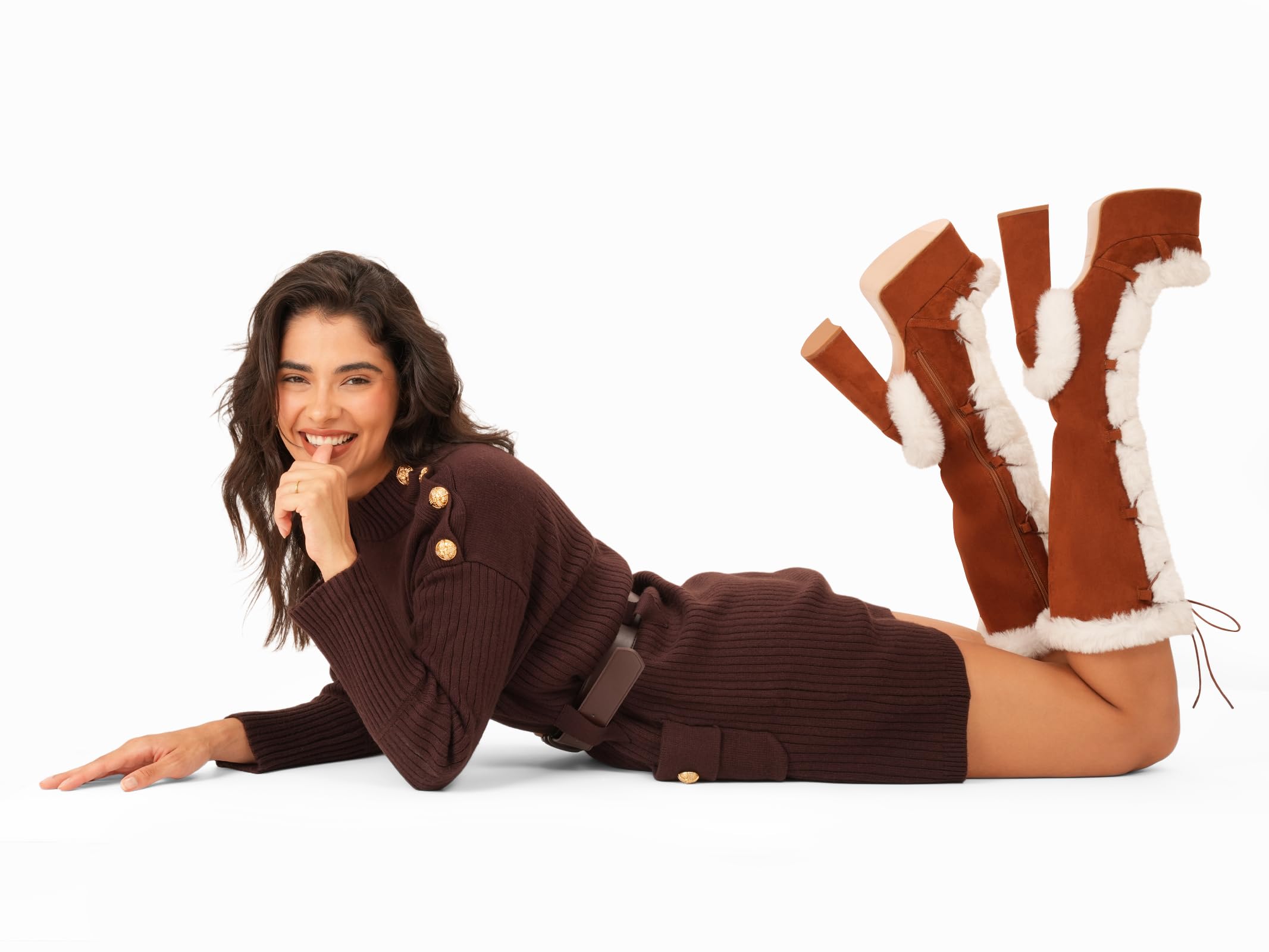 Brown Fur Perisis Women's High Chunky Heel Platform Knee High Boots