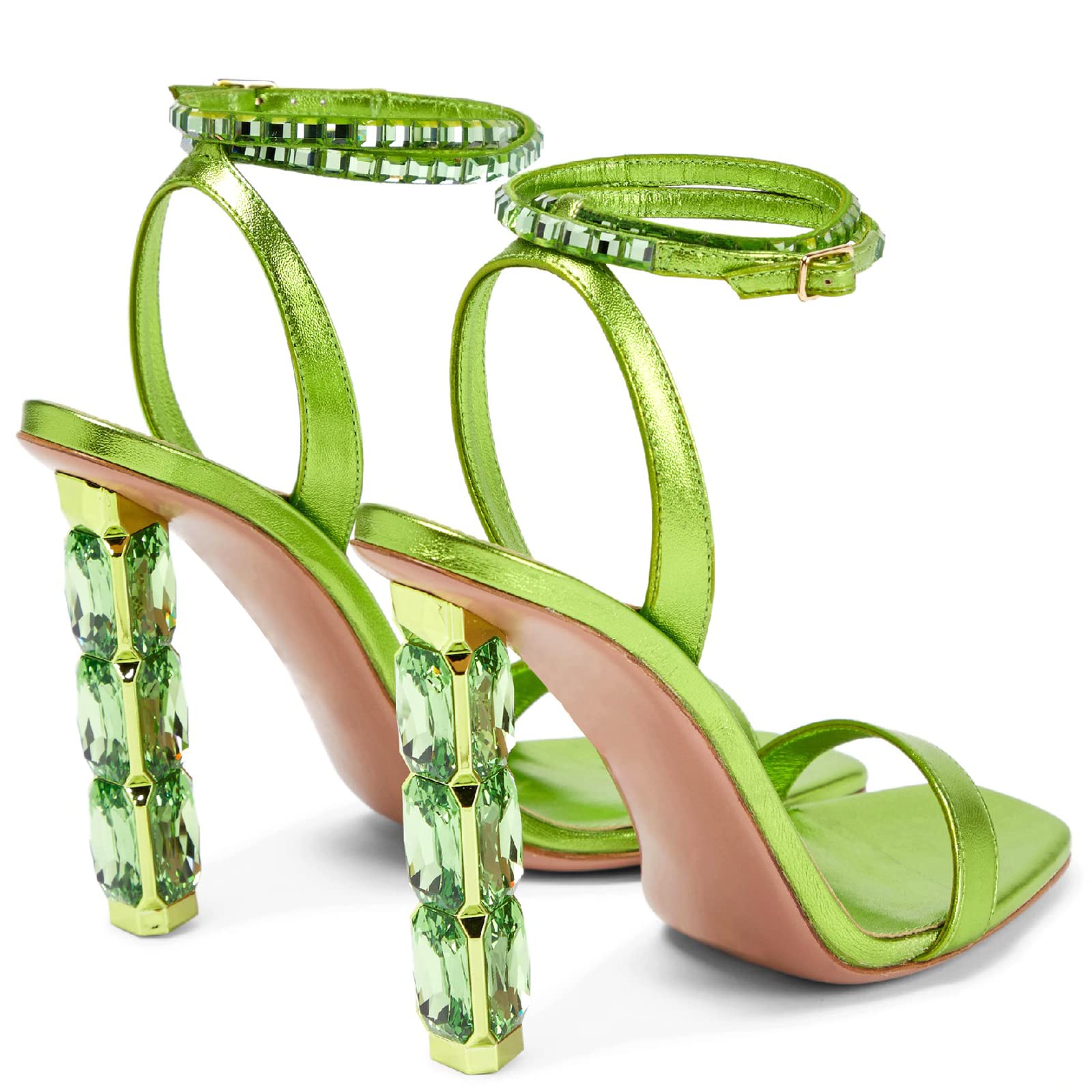 LauraVicci Women Heeled Sandals Ankle Straps Rhinestone Crystal Chunky Block Open Toe Slip on Wedding Slip on Wedding Party Evening Dress Shoes Green Size 8