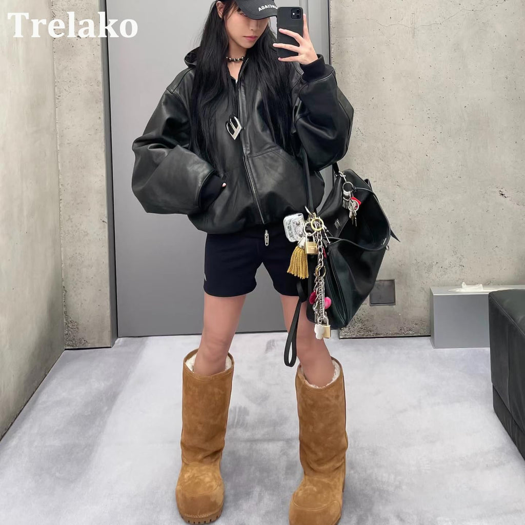 Suede Platform Snow Boots for Women Classic Fur Hippy Mid Calf Winter Boots Slip On High Boots Comfortable Chunky Trending Shoes Brown