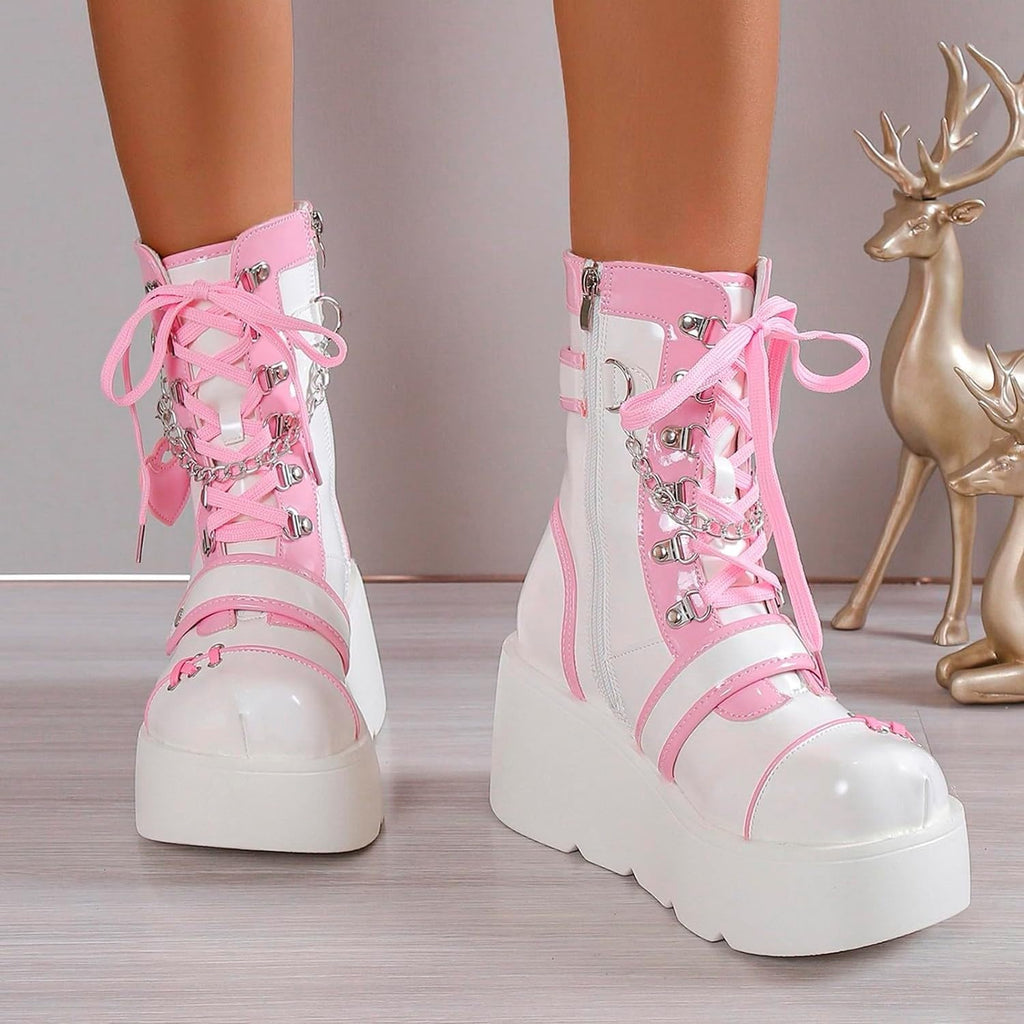 XYKHUI Goth Platform Buckle Boots for Women's Chunky High Heel Lace Up Punk Motorcycle Combat Boots with Chain Pink