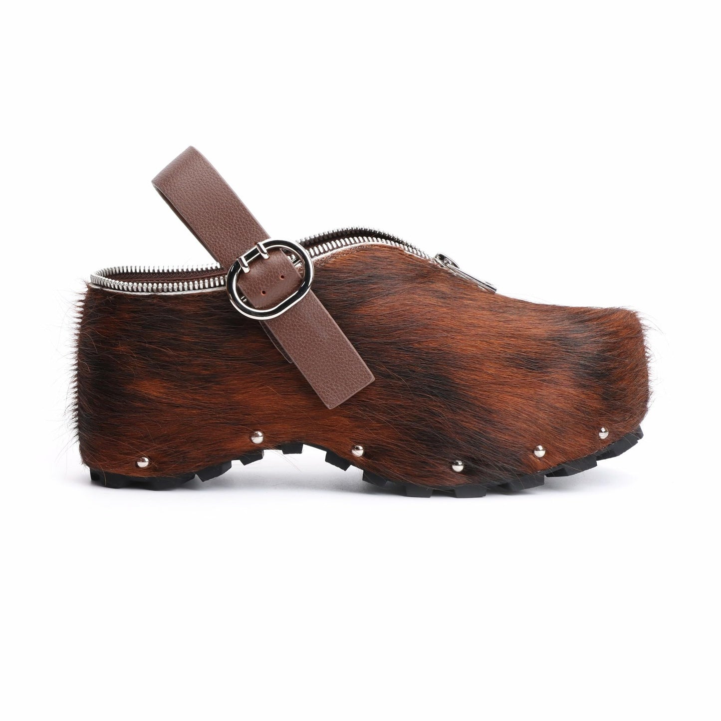 XOBZJH Women’s Natural Cow Print Fur Platform Clogs with Decorative Zipper & Adjustable Buckle Strap – Western Slip-On Punk Rivet Mules with Arch Support, Chunky Retro Rustic Style