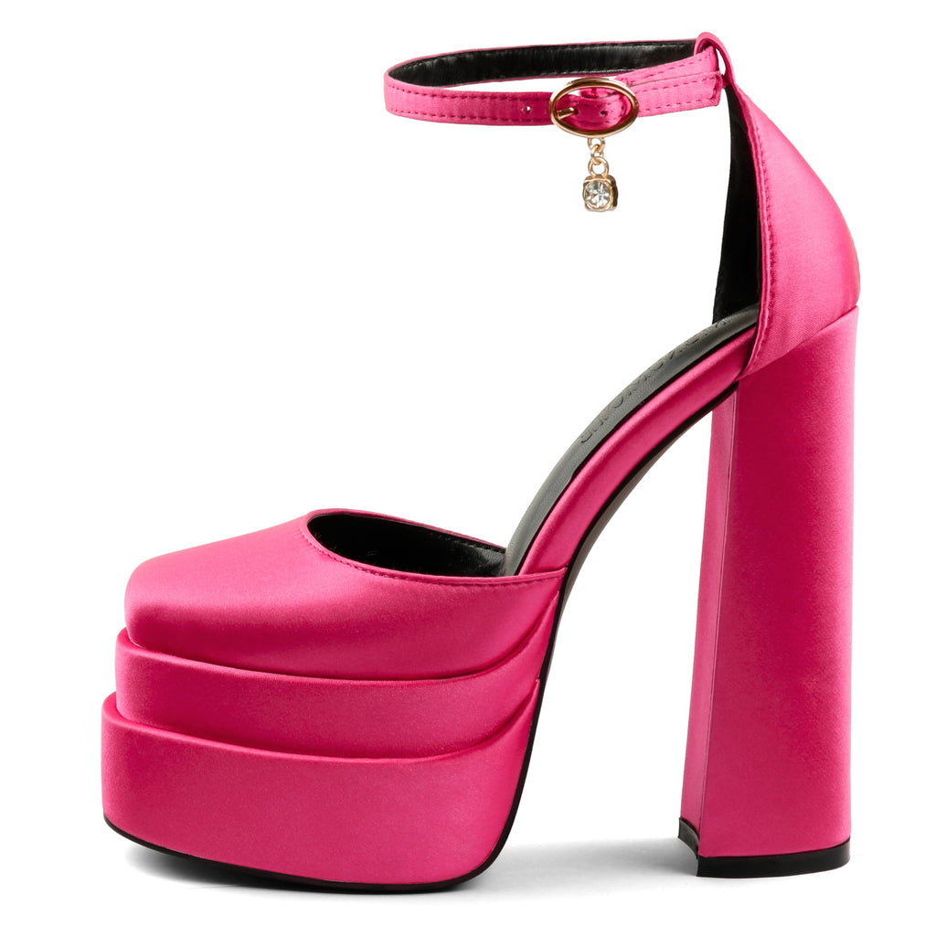 MERUMOTE Womens Sexy High Heels Platforms Pumps Square Toe Chunky Block Heels Rhinestone Party Shoes Rose Satin