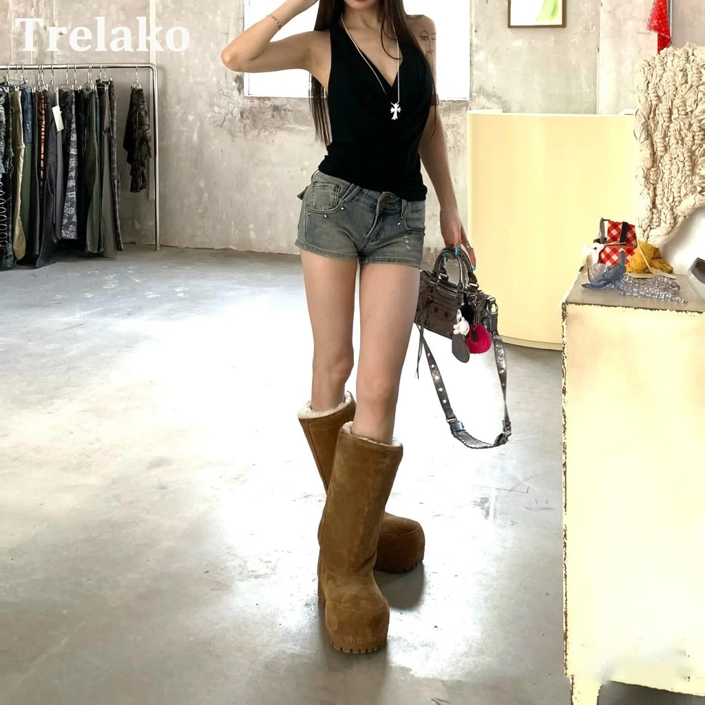 Suede Platform Snow Boots for Women Classic Fur Hippy Mid Calf Winter Boots Slip On High Boots Comfortable Chunky Trending Shoes Brown