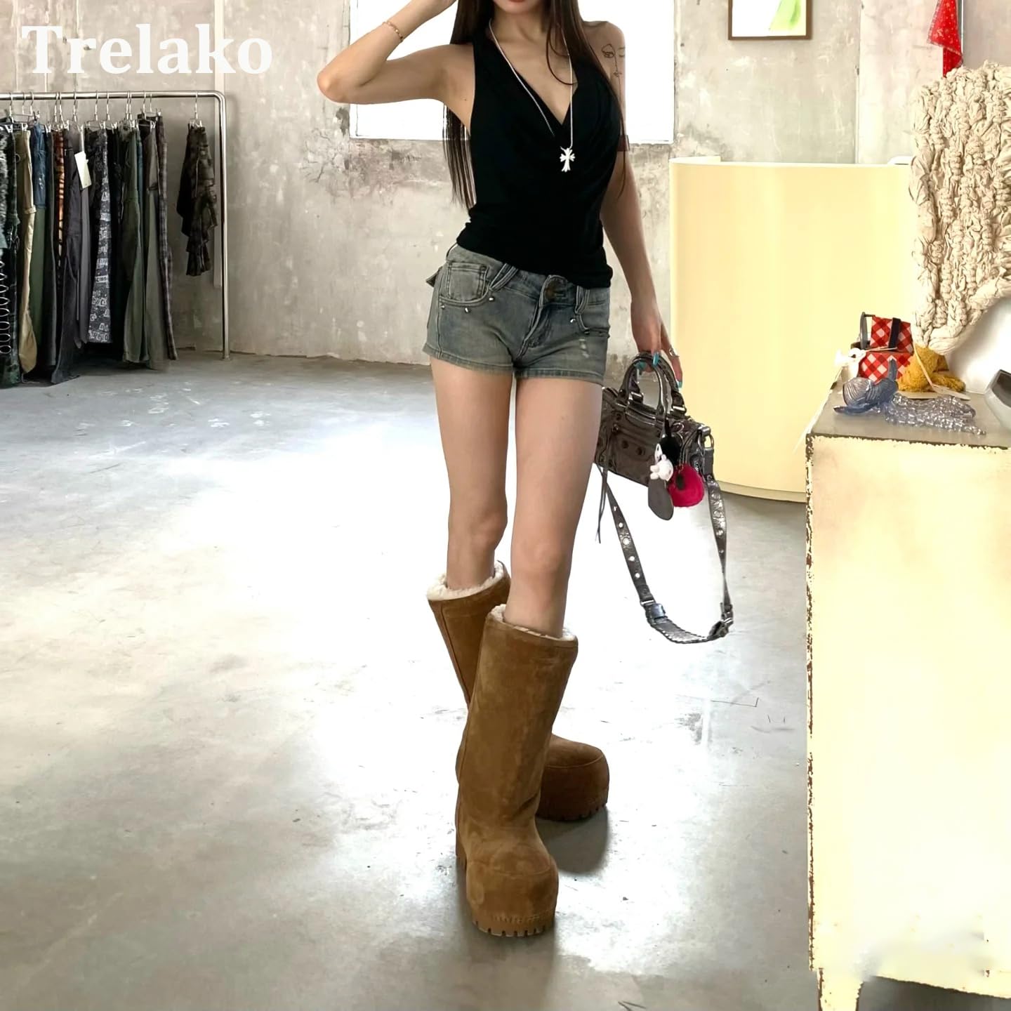 Suede Platform Snow Boots for Women Classic Fur Hippy Mid Calf Winter Boots Slip On High Boots Comfortable Chunky Trending Shoes Brown