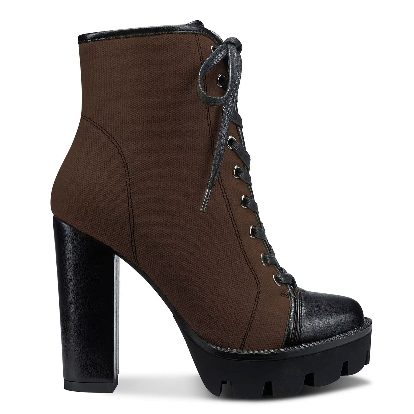 NobleOnly Women High Heel Platform Round Toe Ankle Boots Short Bootie Zipper Lace-up Riding Boots Classic Party Office 5.1 Inches Heels Brown