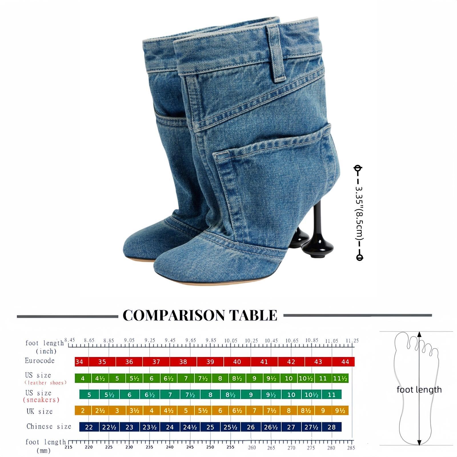 Fuazuzu Vintage Denim Stiletto High Heeled Cowboy Pockets Boots for Women, Mid Wide Calf Round Toe with Metal Button for Fashion Dress Booties,Blue 8