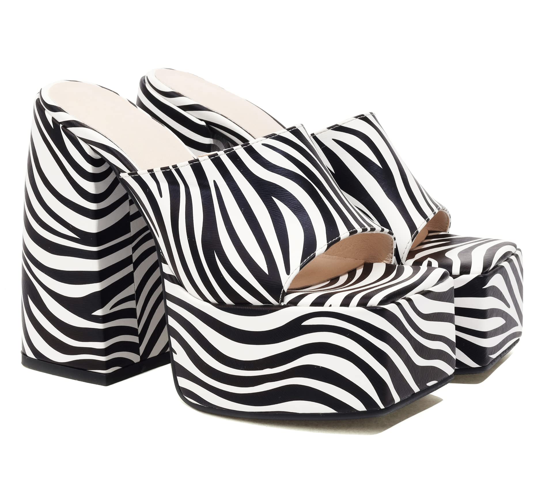 Makmeoyw Platform Heels Slippers Slip On Show Slingback Chunky Heels Sparkly Sandals Square Toe Mules Open Toe High Heels Slide-on Sandals Black Size