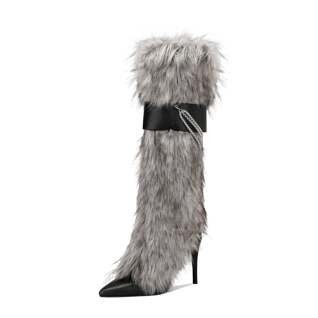 Ouwilov Women’s Gray Faux Fur High Heel Boots – Furry Heel Boots with Chain Detail Fuzzy Stiletto Heels Elegant Winter Fur Boot Heels for Parties Fashion Outfits and Cold Weather