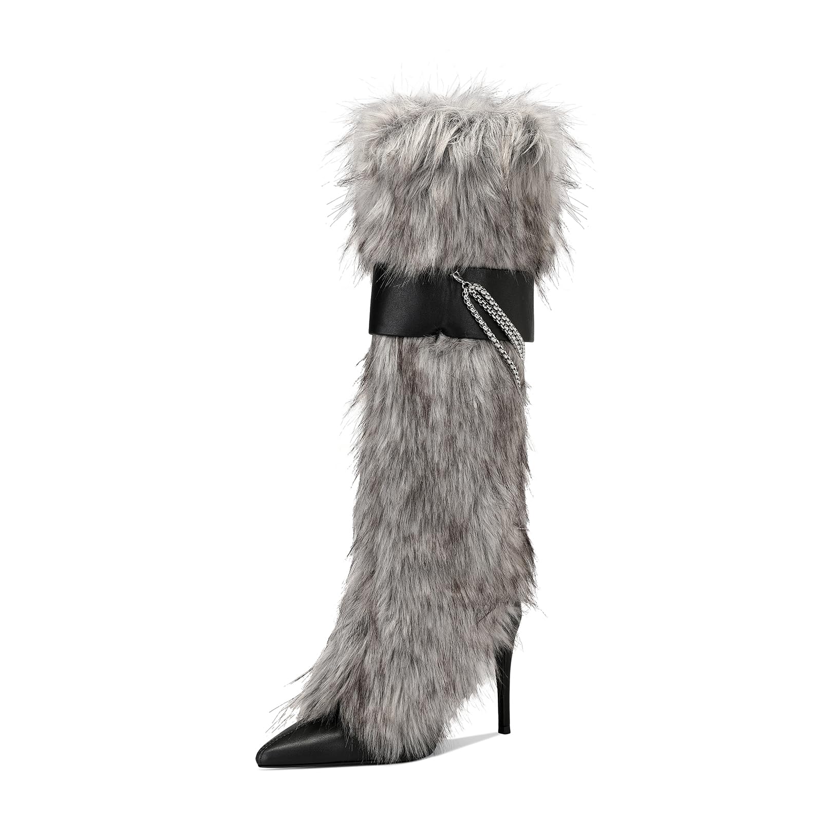 Ouwilov Women’s Gray Faux Fur High Heel Boots – Furry Stiletto Boots with Chain Detail & Stretch Knit Inner Shaft Elegant Winter Fur Boot Heels for Fashion Outfits & Cold Weather
