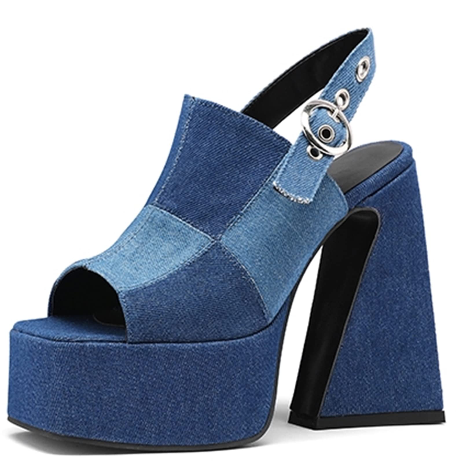 AIMODOR Women Checkered Platform Pumps Chunky Heels Sandals Open Square Toe Slingback Dress Pumps Blue