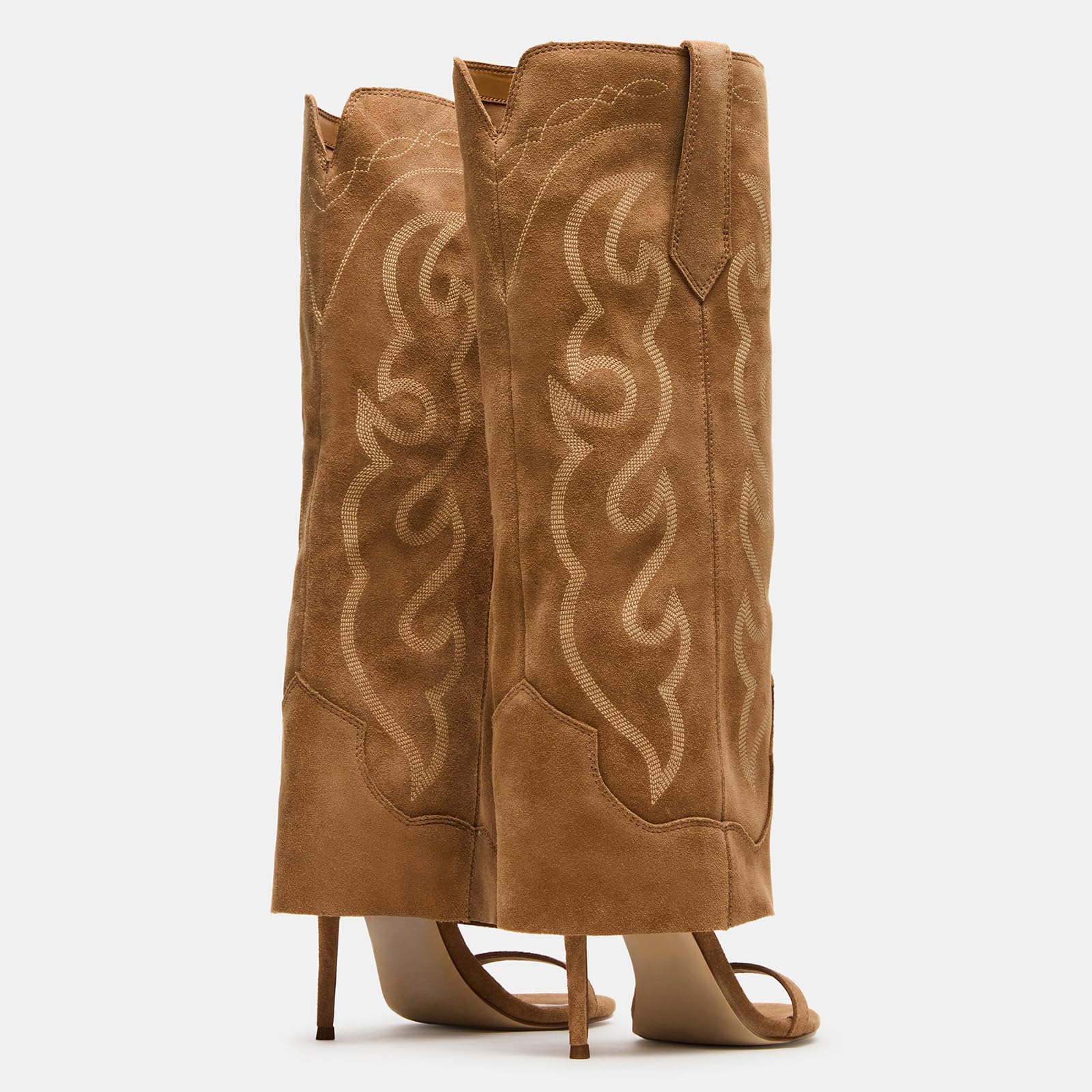 Yishaweiqi Embroidered Camel Suede Knee High Heels for Women Round Open Toe Stiletto Heels Pull On Wide Calf Sandals