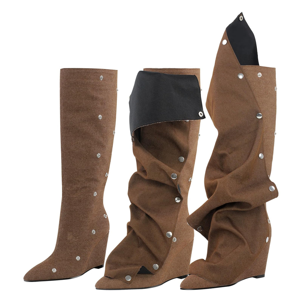 pinokino Wedge Heel Shark Boots for Women Knee High Foldover Ruched Scrunch Stiletto Heel Snap Buttons Pull on Slouchy Boots Denim Brown