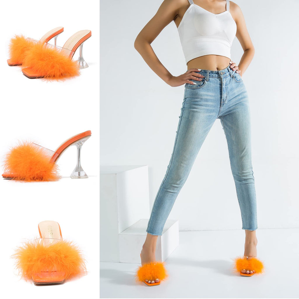 LIURUIJIA Women's Square Toe Feather Fluffy Fuzzy Heels High Heeled Dress Sandals Wedding Bridal Party Shoes Orange