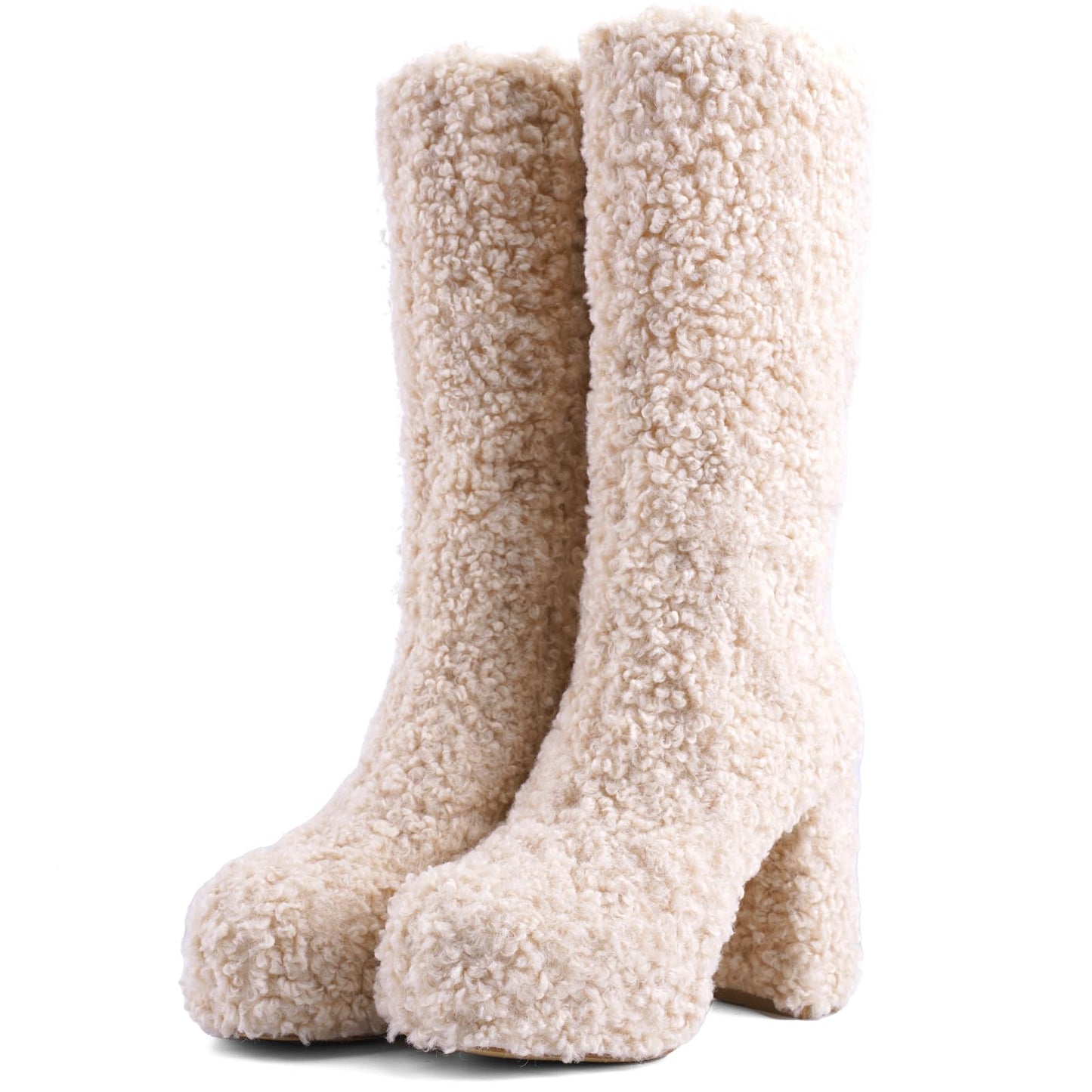 JilTrdWei Mid Calf Fluffy Furry Boots Warm Platform Chunky High Heel Pull On Boots Fashion Winter shoes-beige-6
