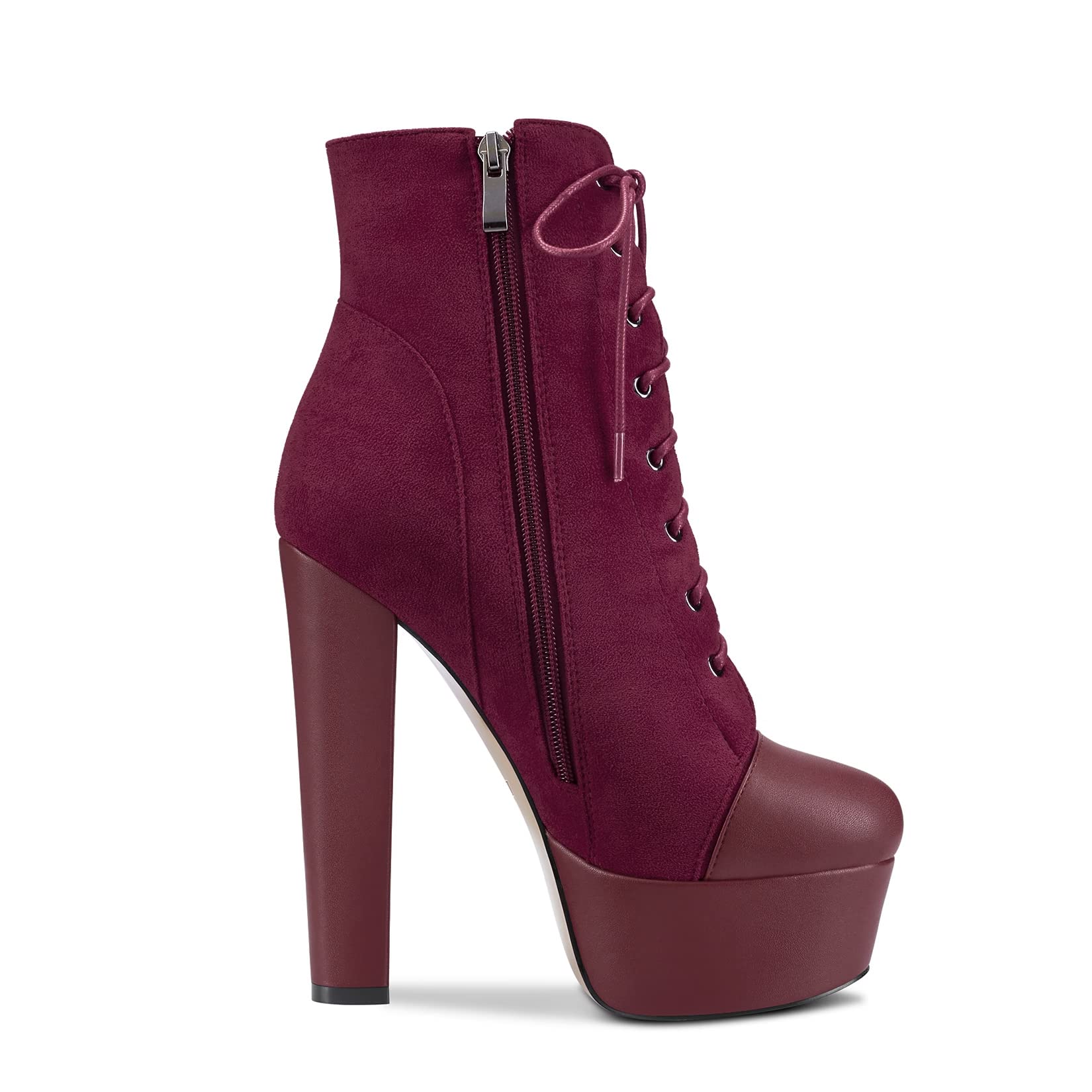 DearOnly Women Chunky Block Platform High Heel Round Toe Ankle Boots Short Bootie Zipper Party Cute Boots Burgundy Wine Red