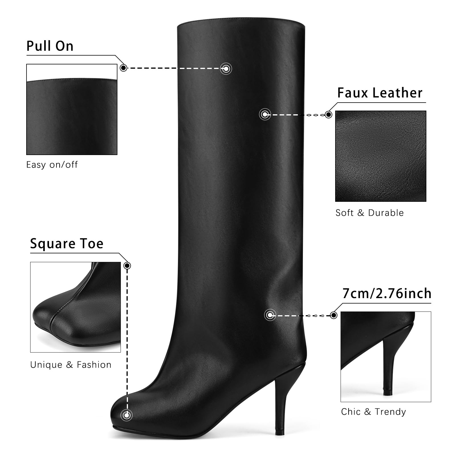 VOZTOLLS Black Knee High Boots for Women Square Toe Leather High Heel Tall Boots Stylish Casual Wide Calf Fall Boots Black