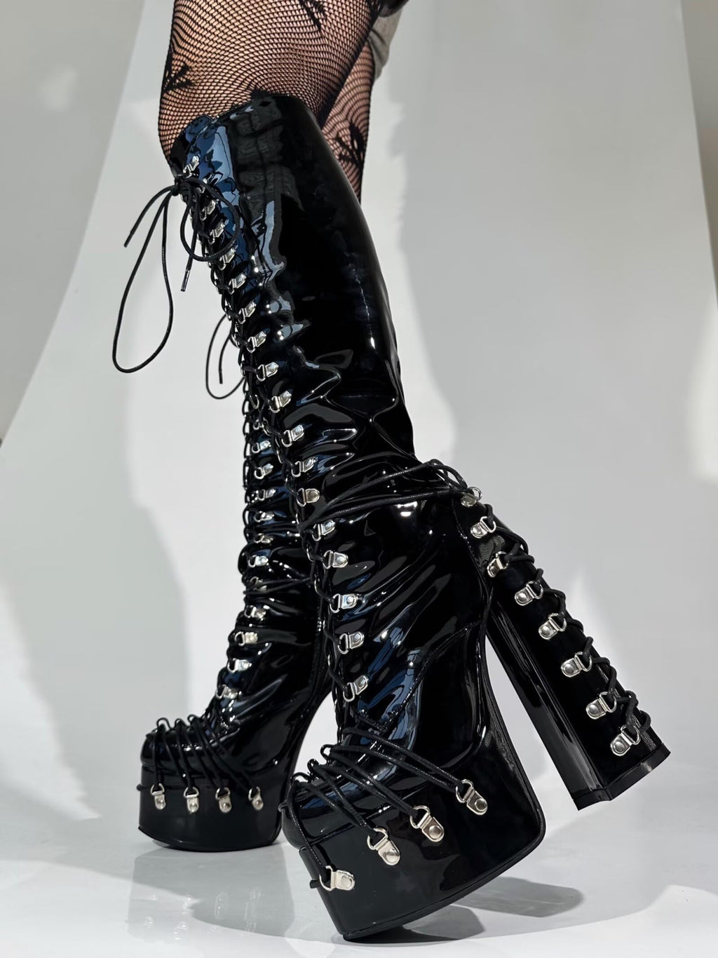 Frankie Hsu Goth Sexy Chunky Platform Knee High Heeled Lace Up Boots, Black Patent Silver Multi Buckle Gothic, Punk Y2K Hot Girl Big Large Size Wide Calf Long Shoes For Women Men
