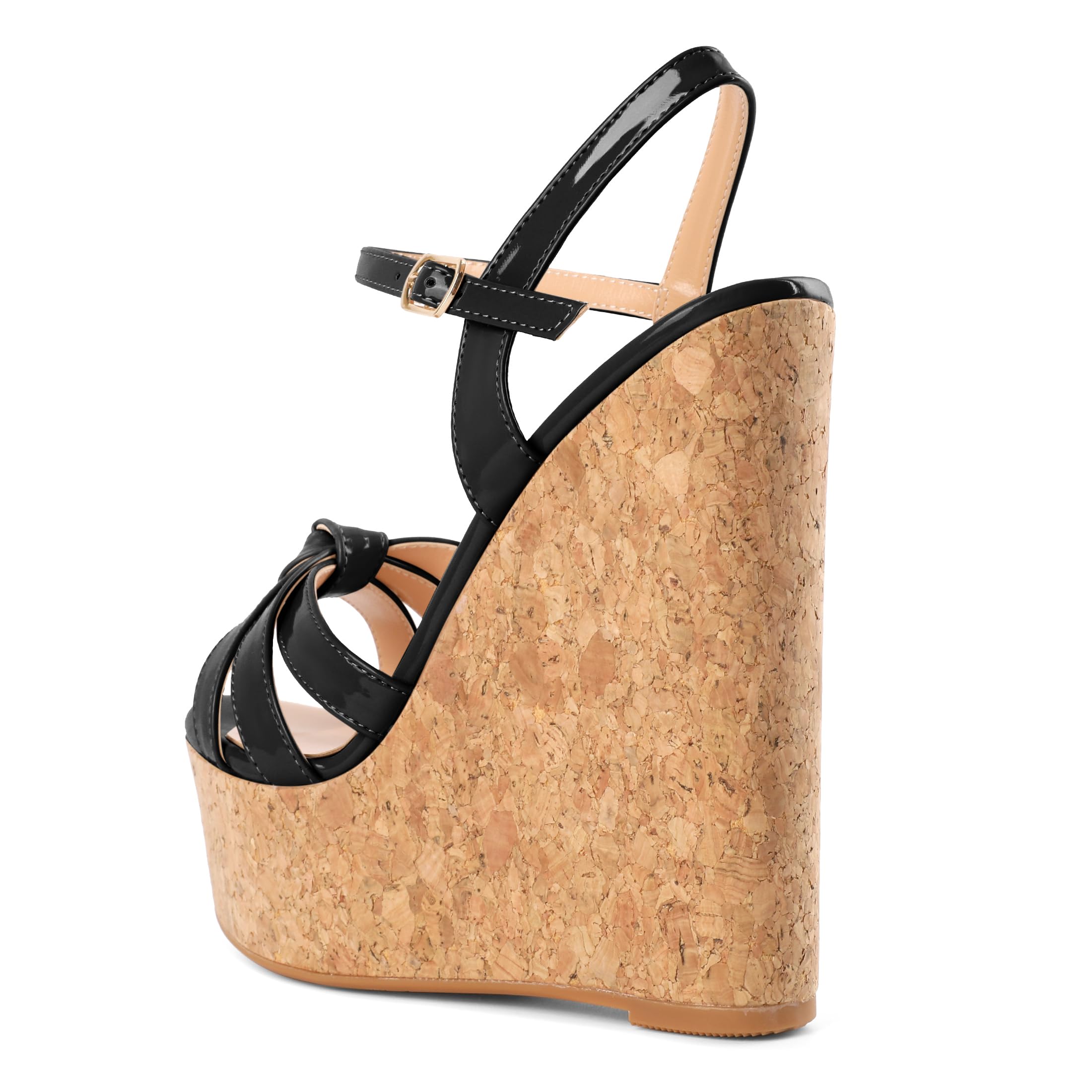 YODEKS High Heels Sandals for Women Wedge Wooden Heel Platform Open Toe Ankle Strap Fashion Comfort Black Sandals
