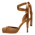 Riekhany Satin Ballet Heels for Women Closed Square Toe Bow Ballerina Heels Lace Up High Heel Slingback Pumps Strappy Stiletto Mary Janes Elegant Party Shoes Brown