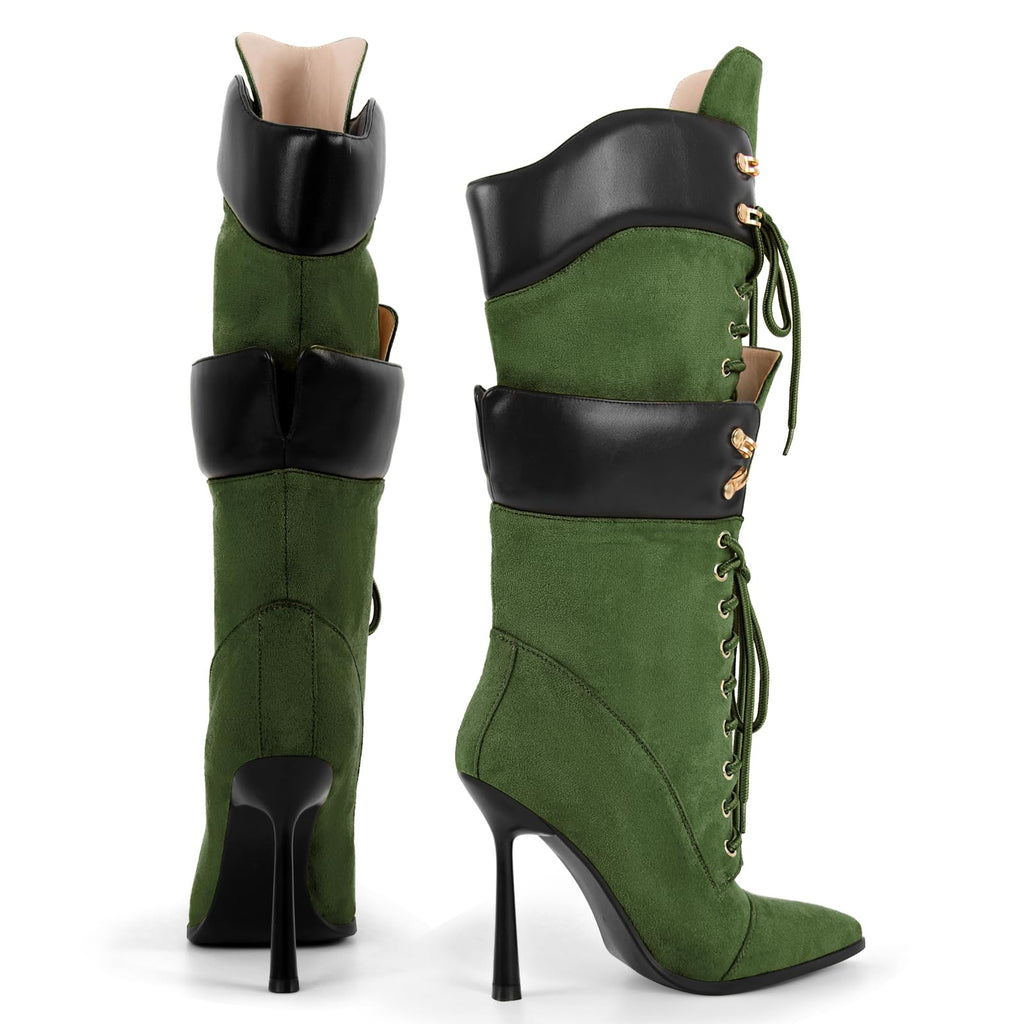 Richealnana Women's Double Lace Pointed Toe Stilettos Straps Up Strappy Knee High Boots Sexy Slim Heel Fashion Cool Biker Cosplay Mid Calf Booties Green US 5