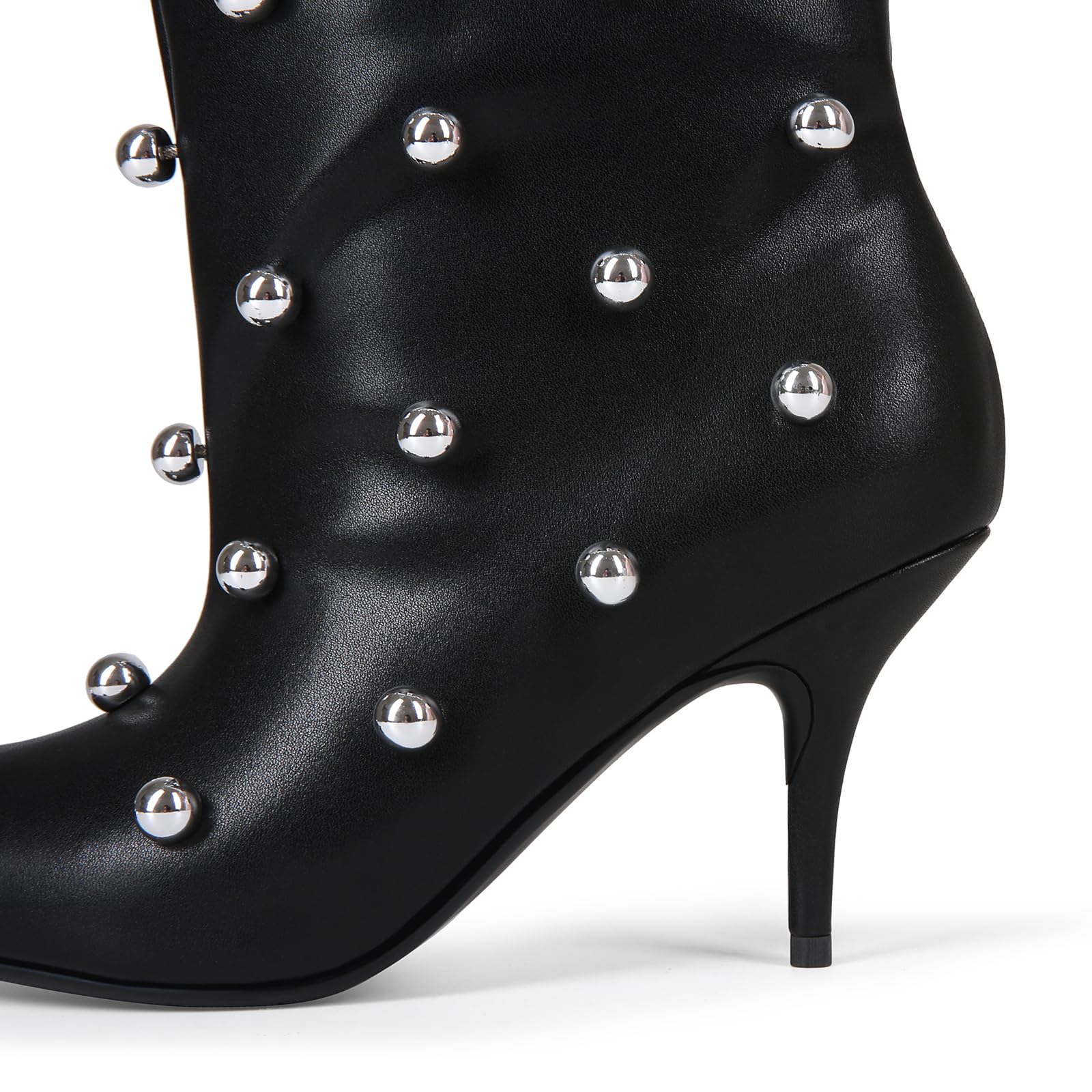 USRUNOE Wide Calf Boots for Women 3.4 Inch Stiletto Heels Knee High Pointed Toe Studded Black Pull On Fashion Tall Boots Y2K Style Comfortable