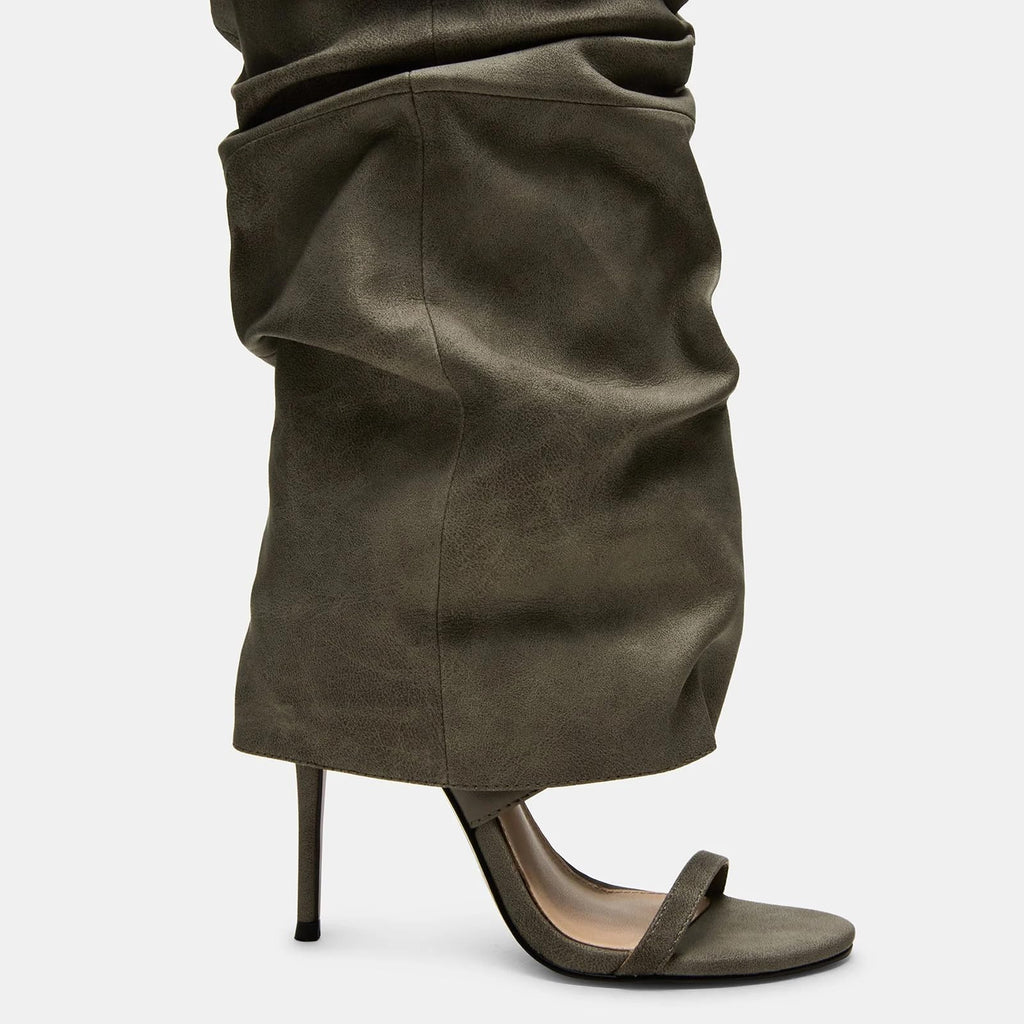 Yishaweiqi Slouched Ruched Knee High Heels for Women Round Open Toe Stiletto Heels Pull On Wide Calf Sandals