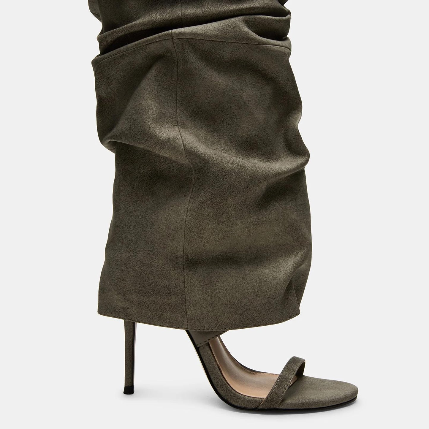 Yishaweiqi Slouched Ruched Knee High Heels for Women Round Open Toe Stiletto Heels Pull On Wide Calf Sandals