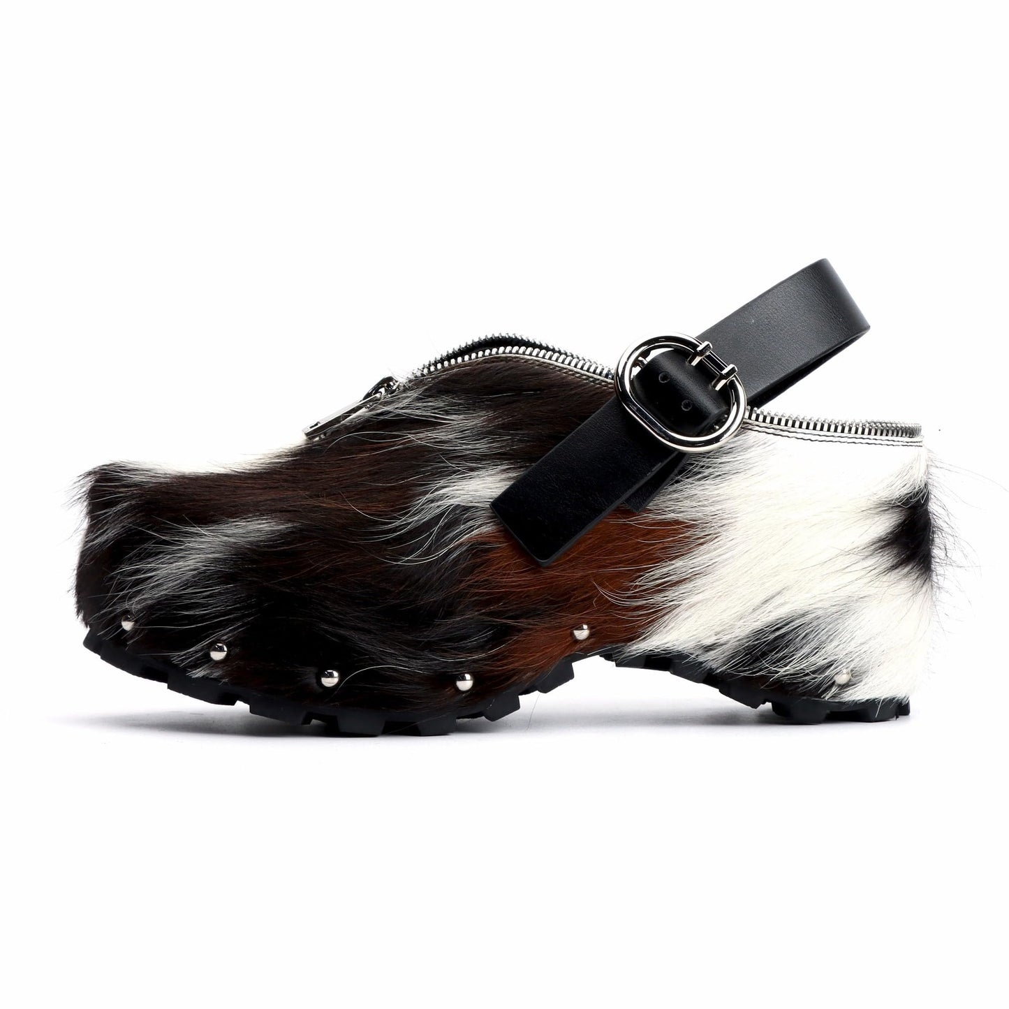 XOBZJH Women’s Natural Cow Print Fur Platform Clogs with Decorative Zipper & Adjustable Buckle Strap – Western Slip-On Punk Rivet Mules with Arch Support, Chunky Retro Rustic Style