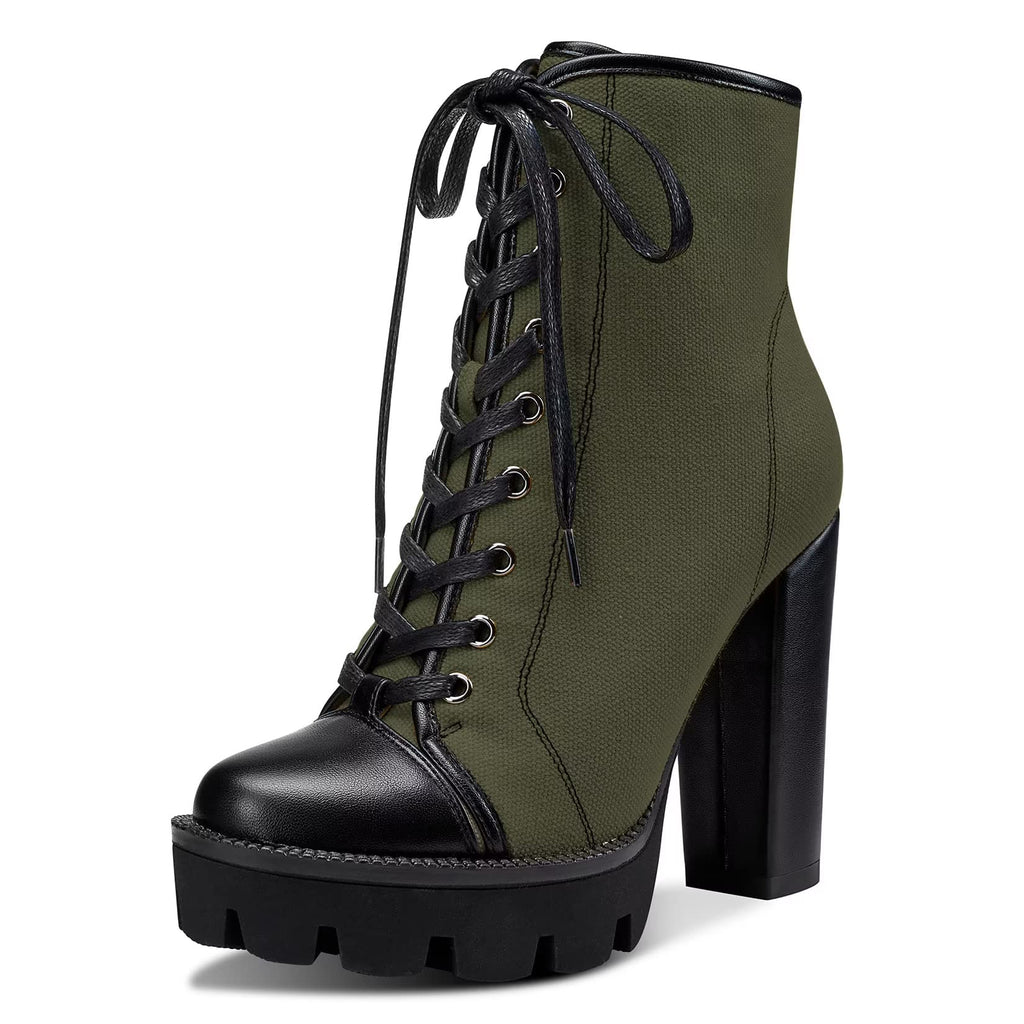 NobleOnly Women High Heel Platform Round Toe Ankle Boots Short Bootie Zipper Lace-up Riding Boots Classic Party Office 5.1 Inches Heels Green