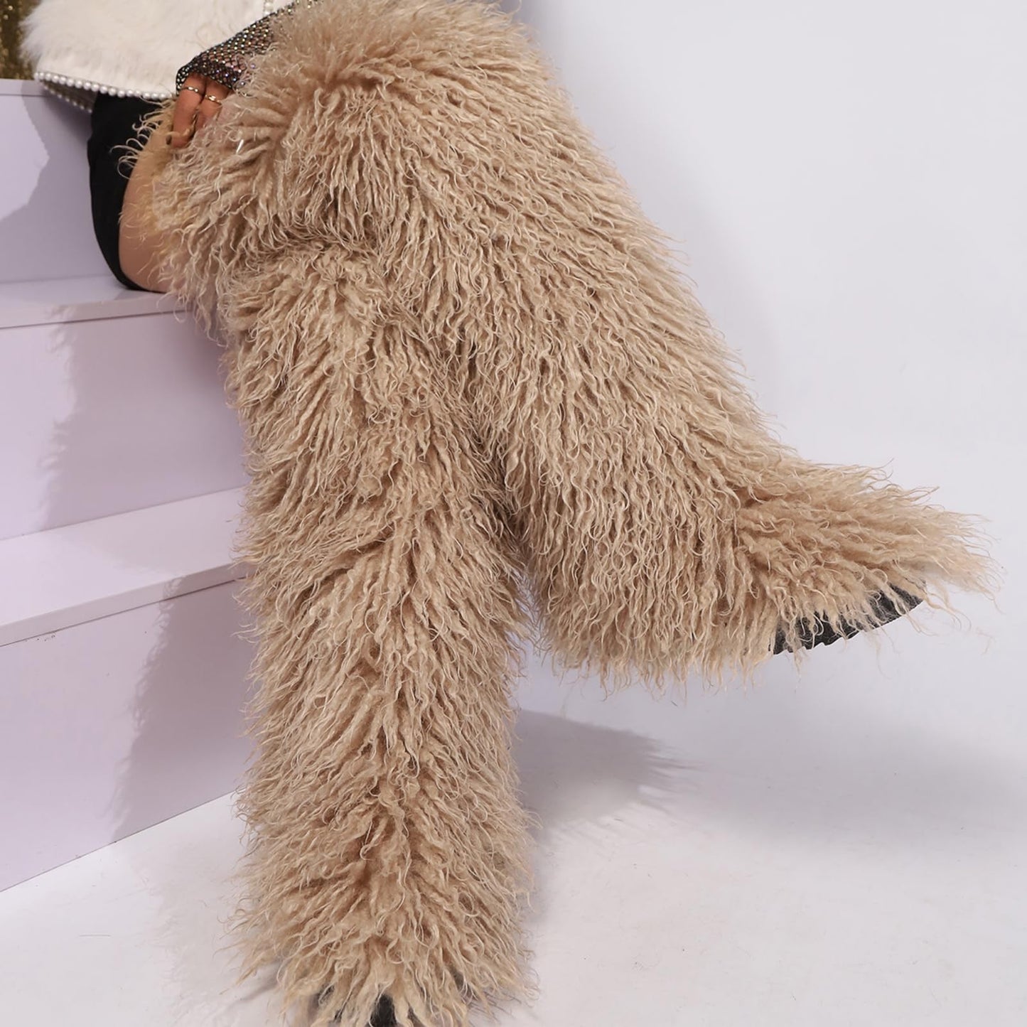 YFJNV Black Thigh High Fur Boots, Over the Knee Fluffy High Boots, Tall Furry shoes for Women (Light Khaki,6)