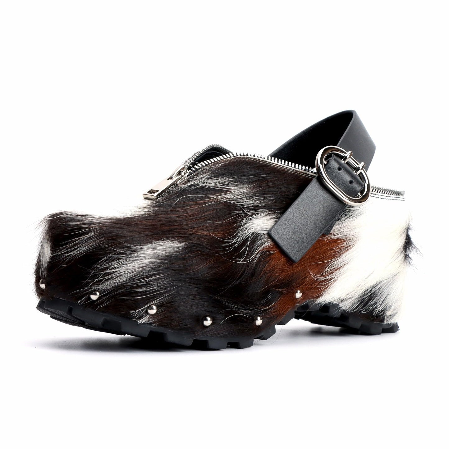 XOBZJH Women’s Natural Cow Print Fur Platform Clogs with Decorative Zipper & Adjustable Buckle Strap – Western Slip-On Punk Rivet Mules with Arch Support, Chunky Retro Rustic Style