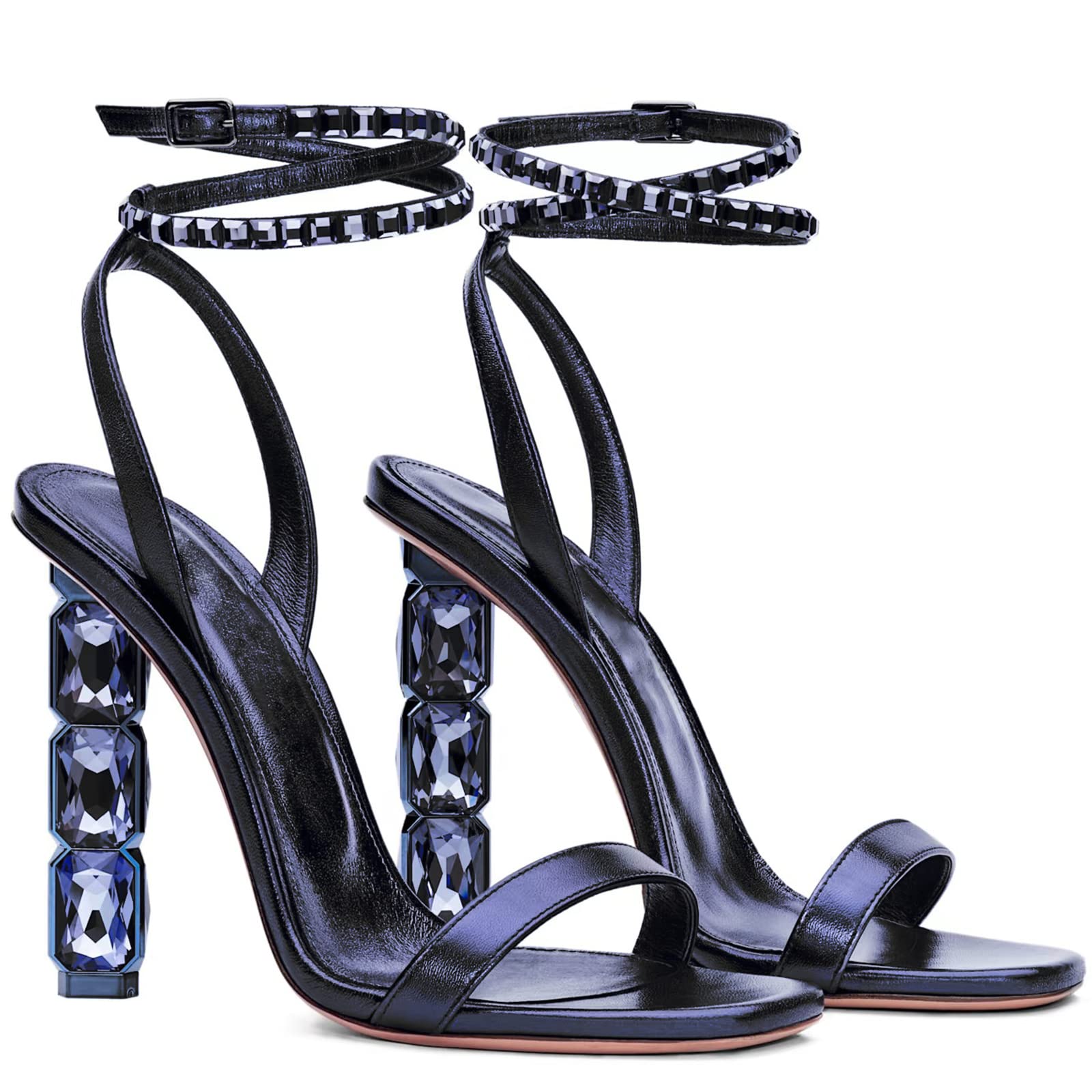 LauraVicci Women Heeled Sandals Ankle Straps Rhinestone Crystal Chunky Block Open Toe Slip on Wedding Slip on Wedding Party Evening Dress Shoes Black Size 8