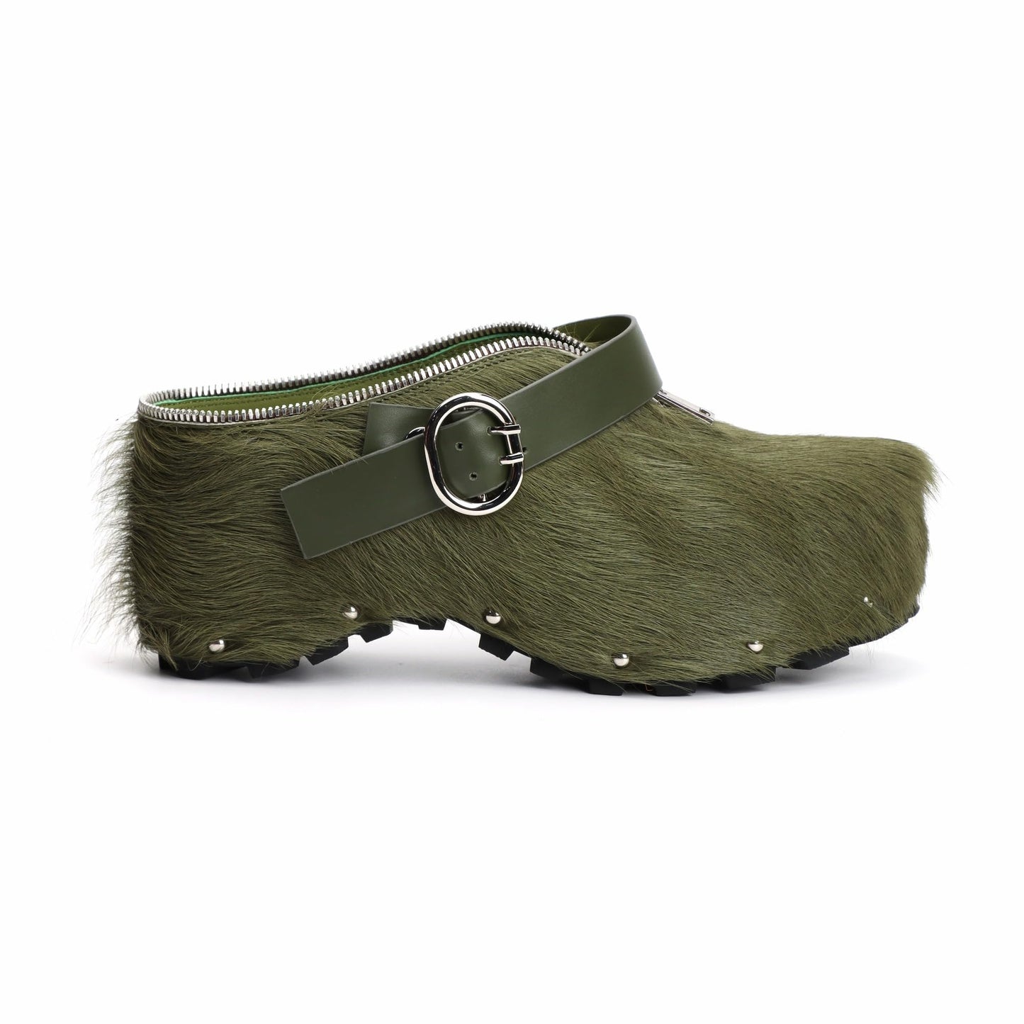 XOBZJH Women’s Natural Cow Print Fur Platform Clogs with Decorative Zipper & Adjustable Buckle Strap – Western Slip-On Punk Rivet Mules with Arch Support, Chunky Retro Rustic Style