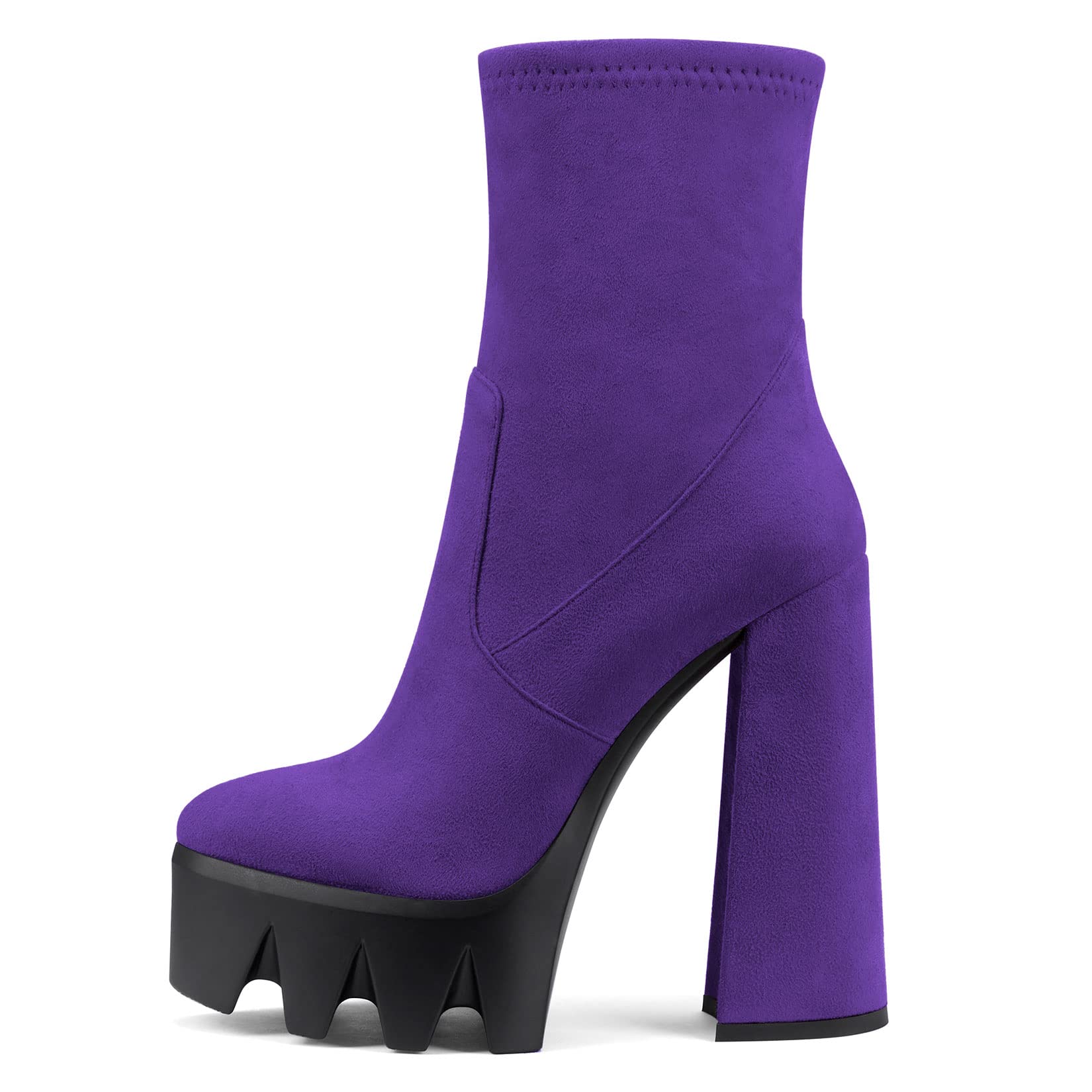DearOnly Women Chunky Block High Heel Platform Pointed Toe Ankle Boots Short Bootie Zipper Slip-on Classic Wedding Party 5.5 Inches Heels Boots Purple Suede A 9.5 M US